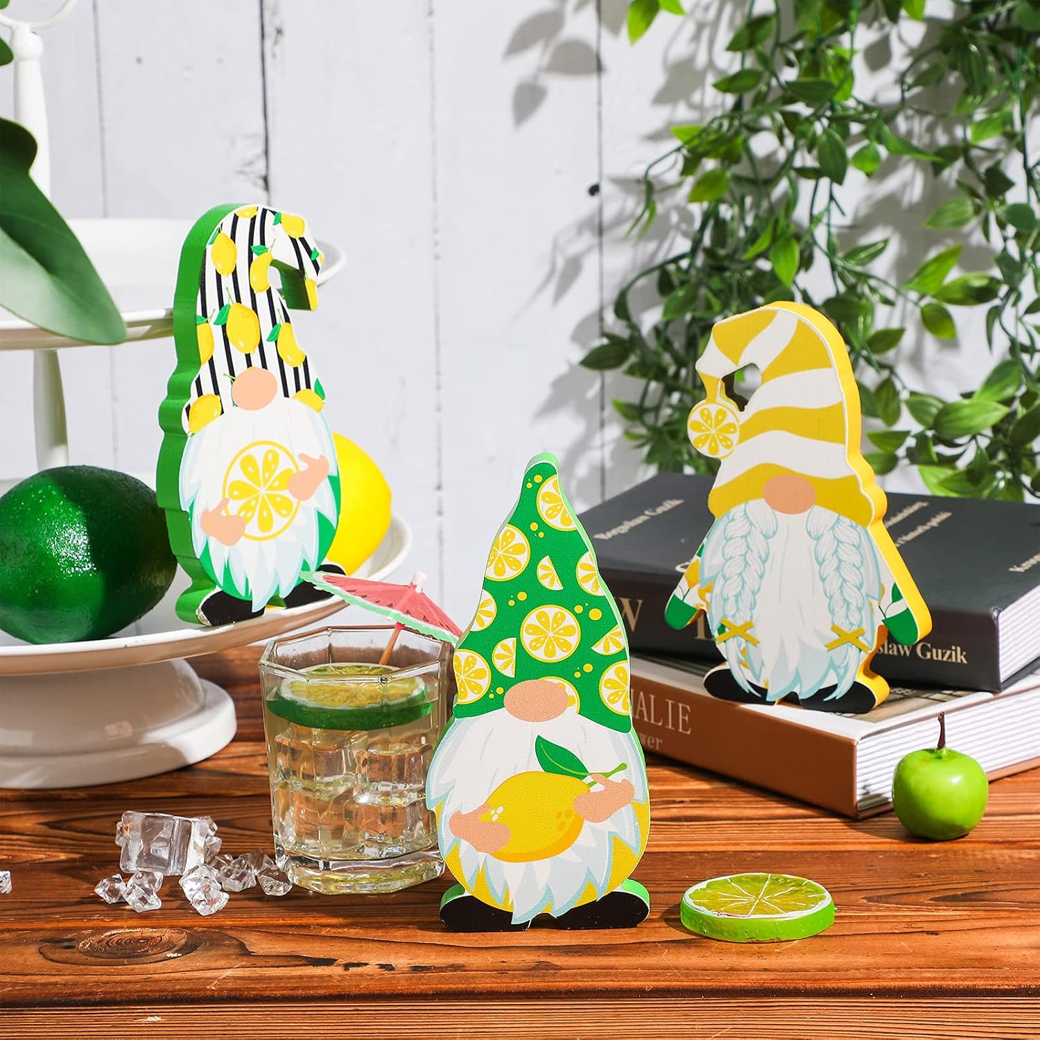 Jetec 3 Pcs Lemon Decor Spring Garden Wooden Gnome - Farmhouse Summer Tiered Tray Decorations, Freestanding Mediterranean Lemon Gnomes Tabletop Centerpiece Signs for Kitchen Home Party Office Gifts