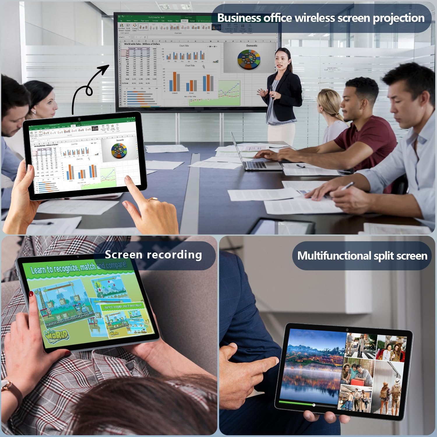 Images demonstrating the tablet's 13MP rear camera and 8MP front camera capabilities for daily life and online meetings.
