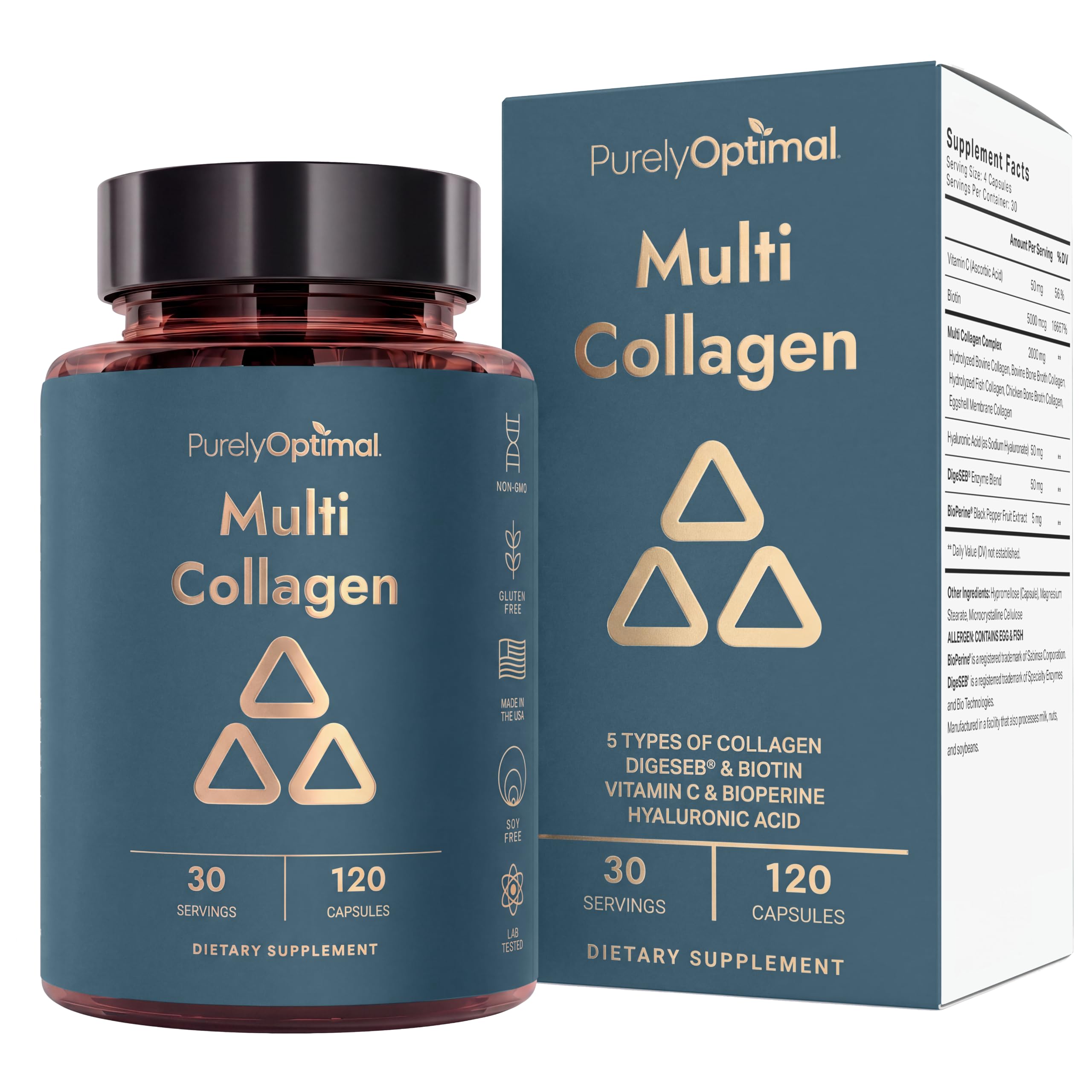 Premium Multi Collagen Peptides (Types I, II, II, V, X) - Collagen Pills for Skin Care, Hair Growth, Nails & Joints - Vitamin C, Hyaluronic Acid, Biotin, Gluten Free - 120 Collagen Capsules