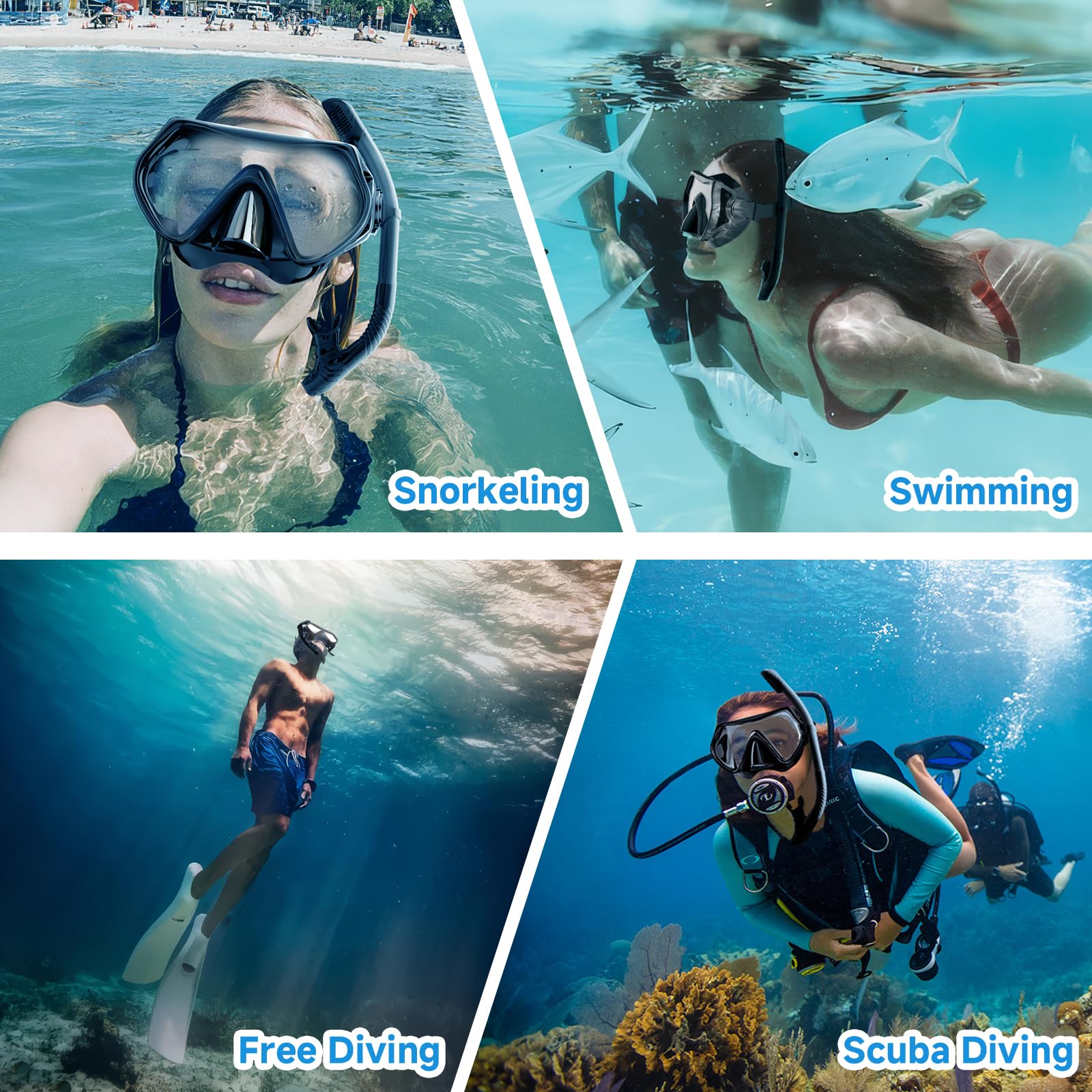 Equipo de esnórquel para adultos, juego de esnórquel de parte superior seca, máscara de buceo, panorámica de 180°, visión panorámica, equipo de esnórquel profesional, máscara de esnórquel para