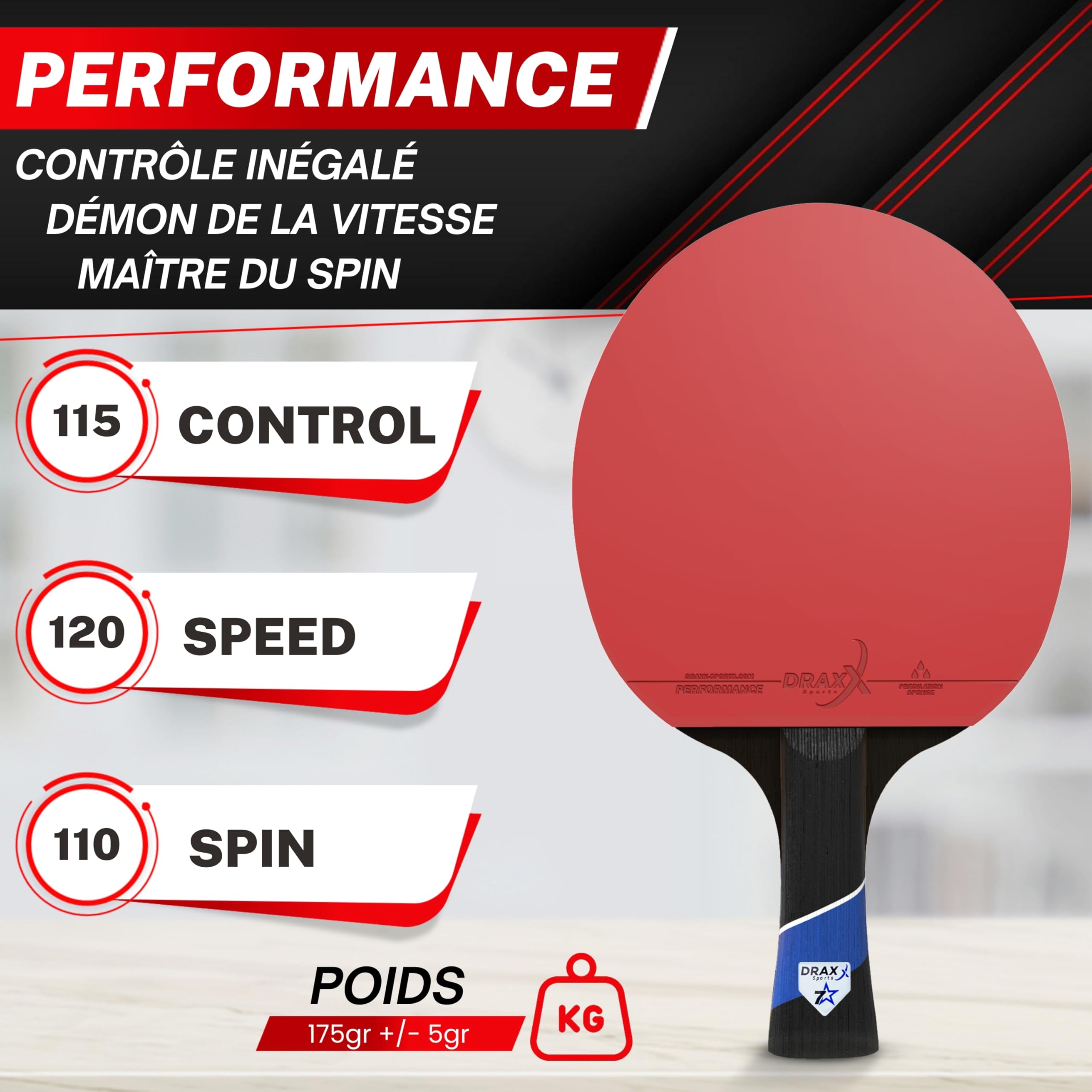 Raquette de Ping Pong 7 Étoiles | Raquette Carbone Pro, Ultra-Légère, Éponge 2mm, Housse Offerte | Idéale Débutant à Pro | Entraînement Compétition Club