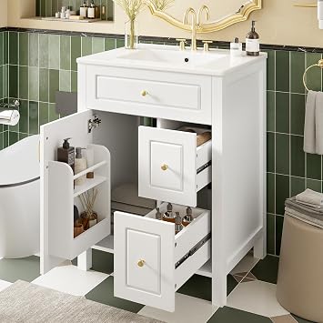 24-Inch Bathroom Vanity with Ceramic Sink, 1 Soft Close Door, 2 Soft Close Drawers, and Double Storage Racks on the Door, White