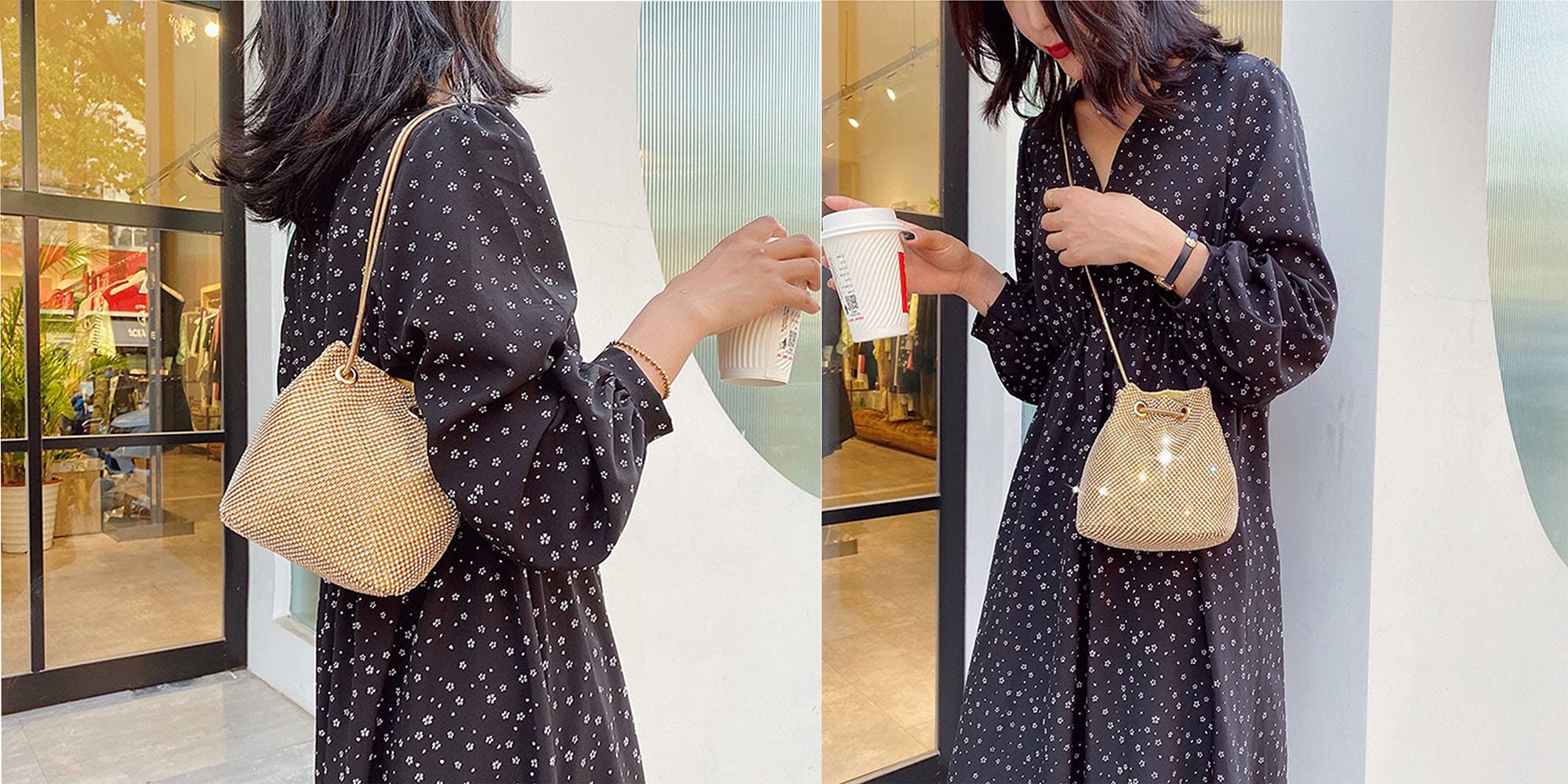 Bolso de Noche de Lujo Bolso Fiesta Mujer Platead Bolso de Hombro Mujer Glitter Diamond Embrague Mano Cadena de Encogimiento para Boda/Fiesta/Baile-Dorado