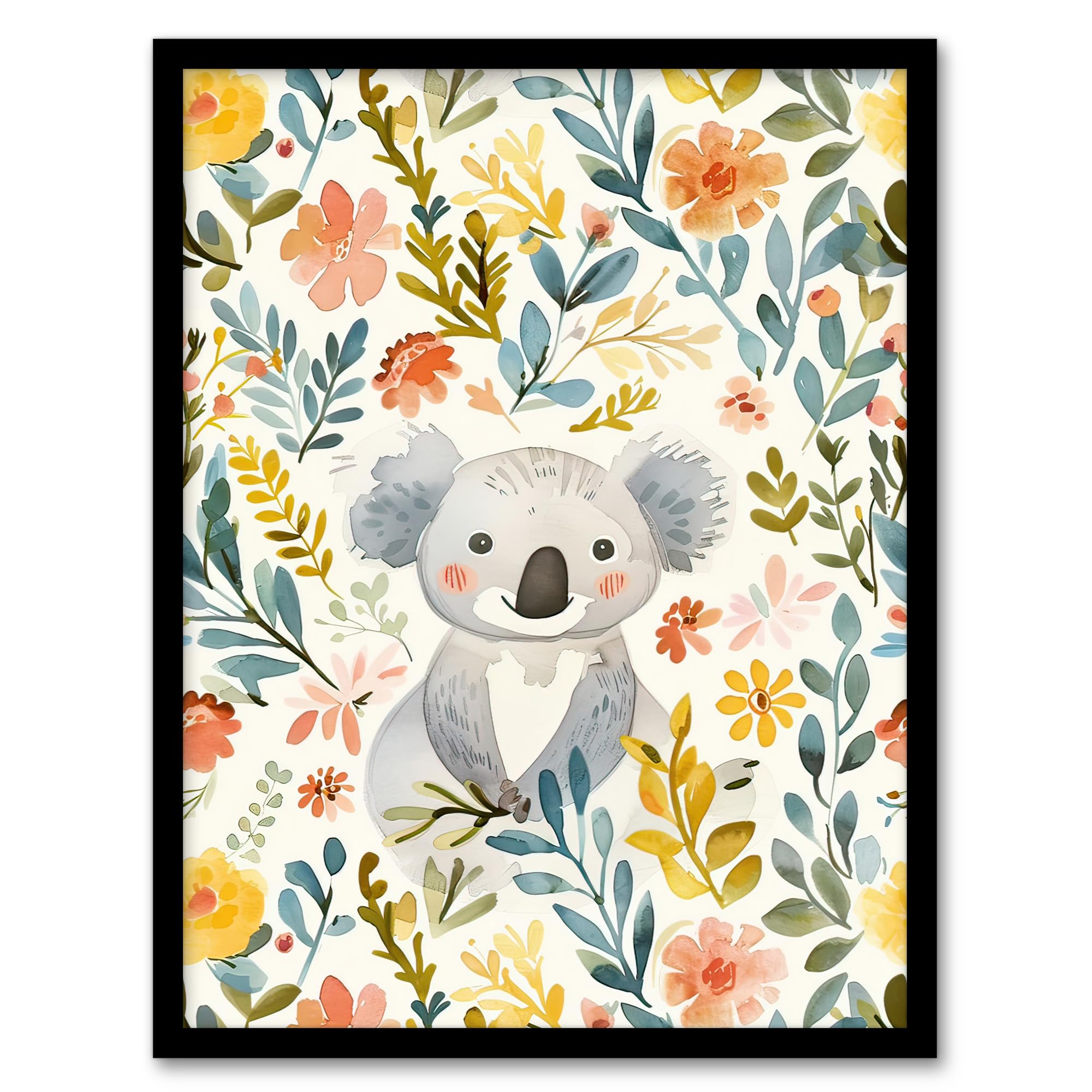 Artery8 Adorable Koala Bear in Floral Meadow Watercolour Kids Bedroom Nursery Artwork Framed Wall Art Print A4