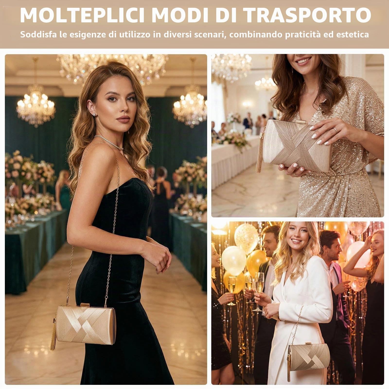 Pochette Oro da Sera Clutch Donna Pochette Dorata Cerimonia con 2 Catena, Elegante Borsa da Sera con Nappa da sposa Borsa Tracolla Piccola Borsetta per Feste di Matrimonio (Champagne)