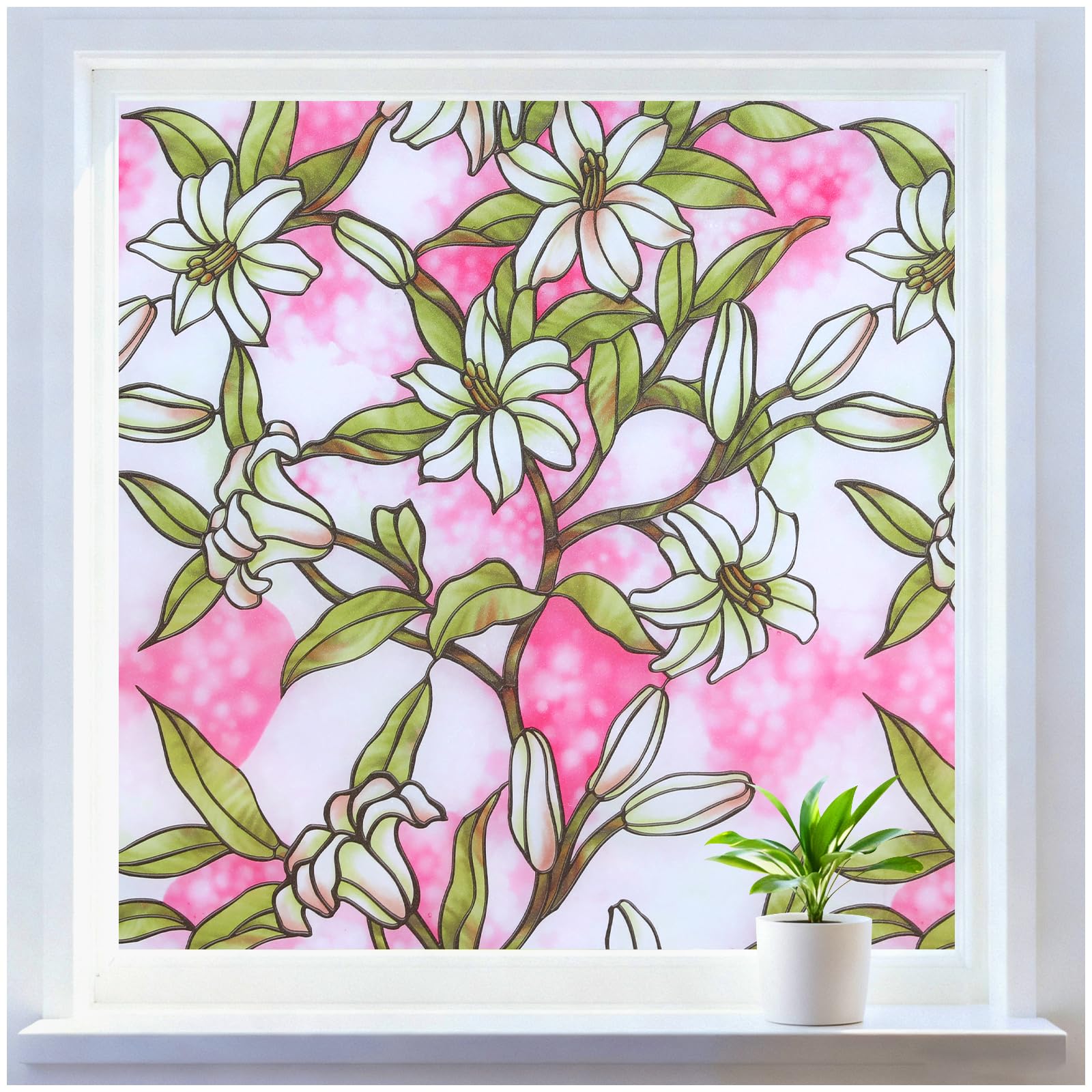rabbitgoo Stained Glass Window Privacy Film, Pink Lily, 35.4" X 78.7"