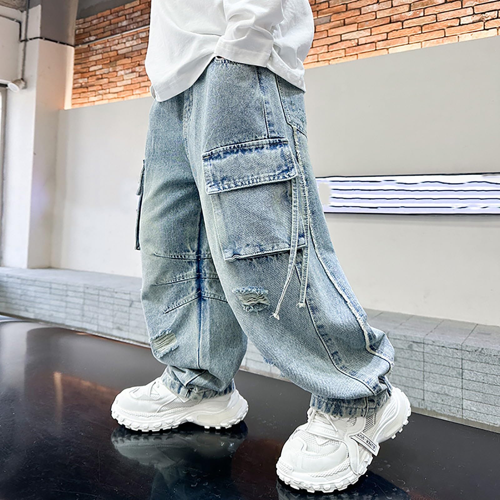 Pantaloni Baggy Ragazzo Cargo - Jeans Bambino, vestibilità Larga, con Tasche Resistenti, Pantaloni Tuta Ragazzo Hip Hop Streetwear, per Adolescenti, Resistenti E Comodi