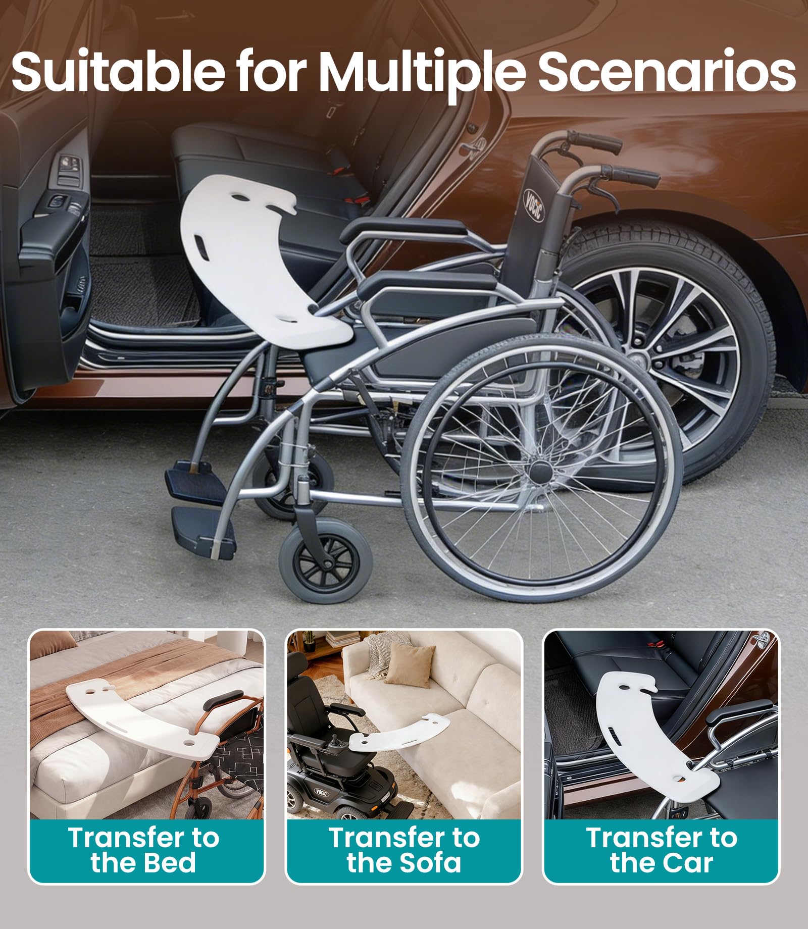 VOCIC AY07 - Tabla de transferencia para usuarios de sillas de ruedas, antideslizante, hasta 150 kg, ayuda de transferencia para pacientes en silla de ruedas, cama, inodoro con muescas, color blanco