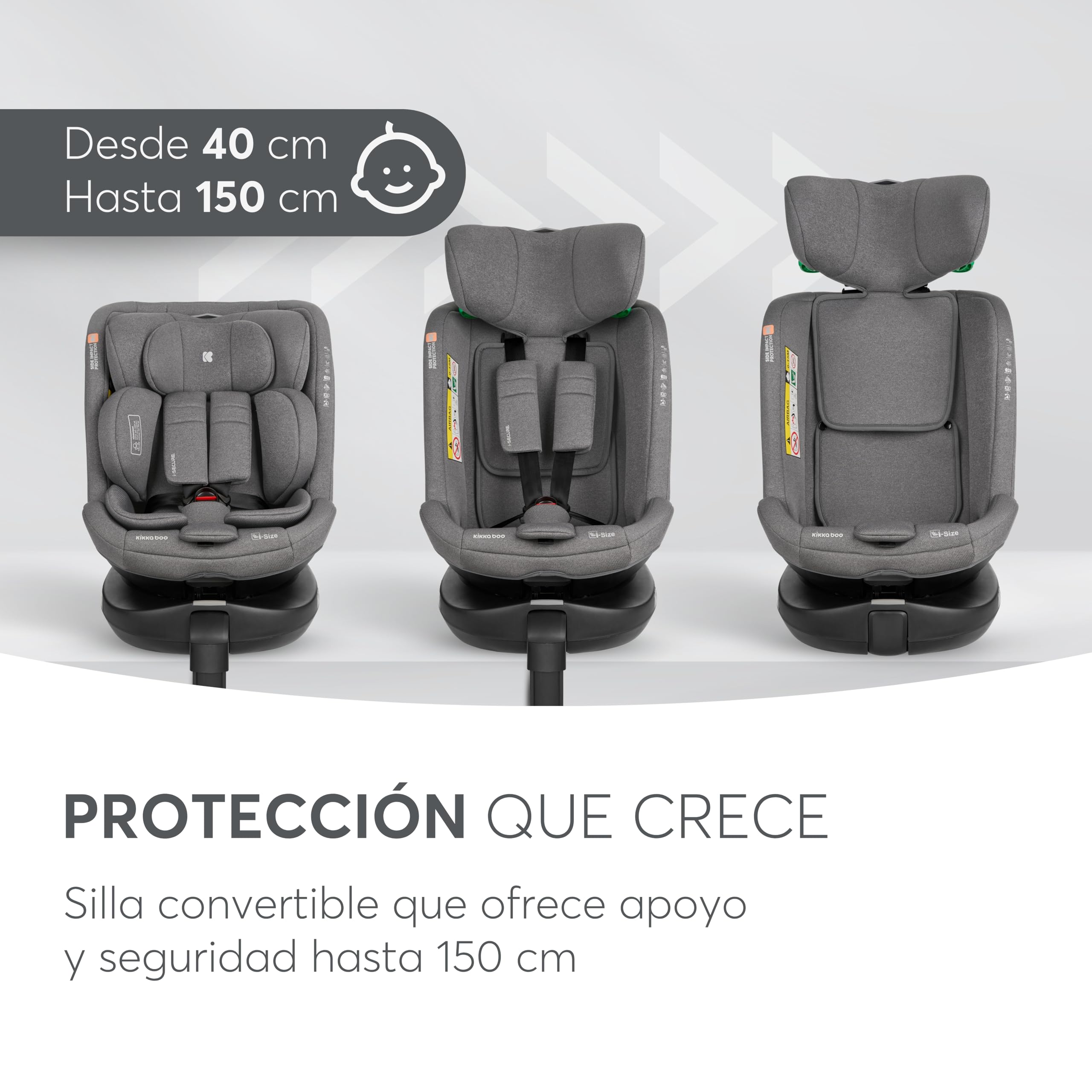 KikkaBoo Silla Coche Bebe Grupo 0 1 2 3 ISOFIX (0-36 kg) i-SECURE, Giratoria 360°, Reclinable, Protección SPS i-Size, Lateral, Arnés de 5 Puntos, 12 Posiciones Reposacabezas, Gris Claro