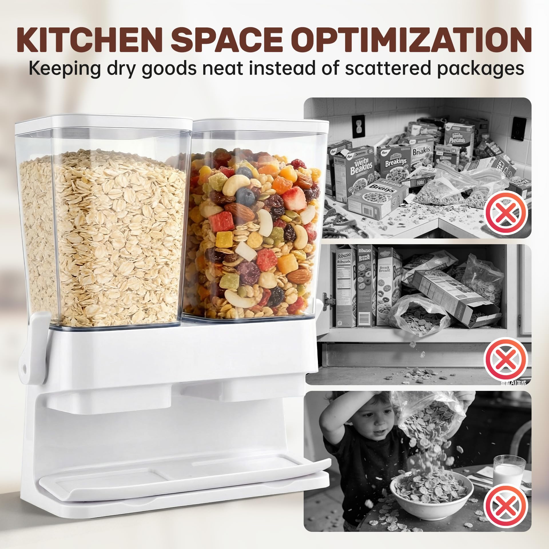 Sinceroduct Dispensador de cereales para encimera, dos grandes recipientes de 3 litros para almacenar cereales, dispensadores de alimentos secos como dulces, nueces y frijoles