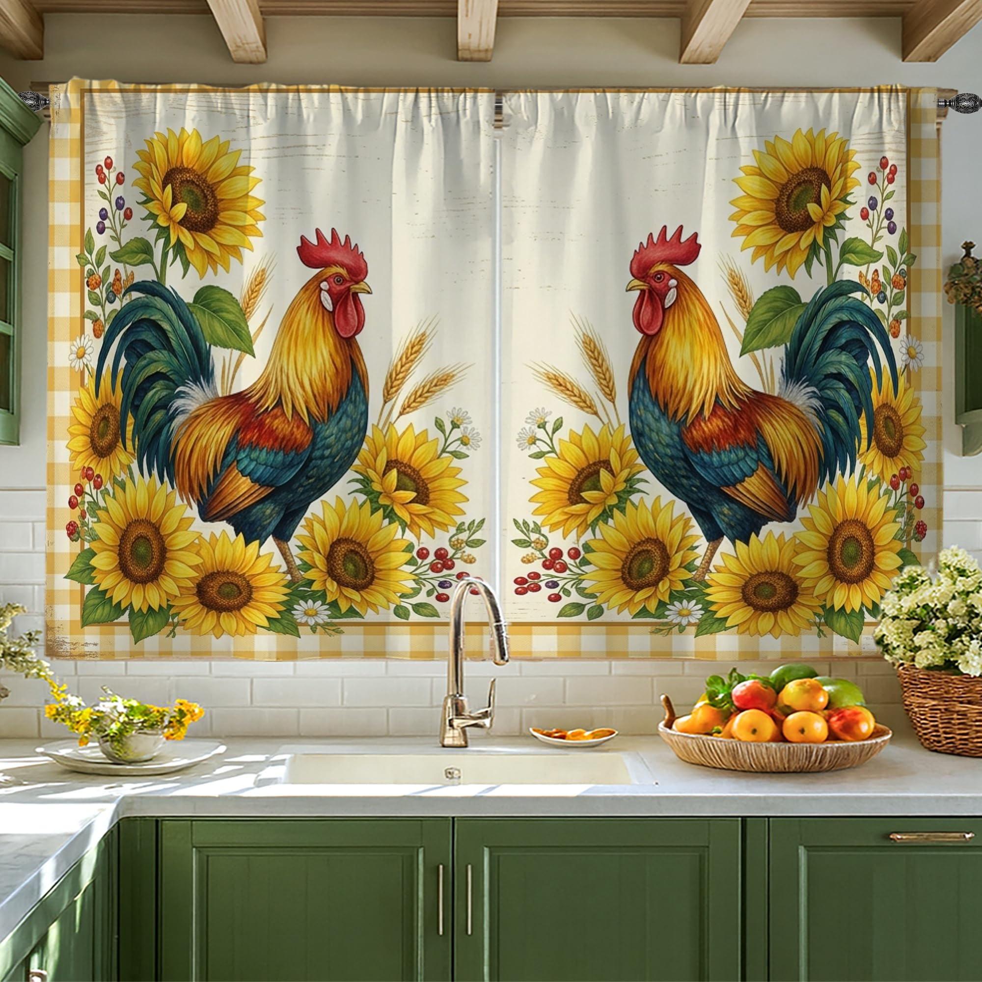 Rideaux rustiques coq et tournesol 106x114 cm jaune pour cuisine