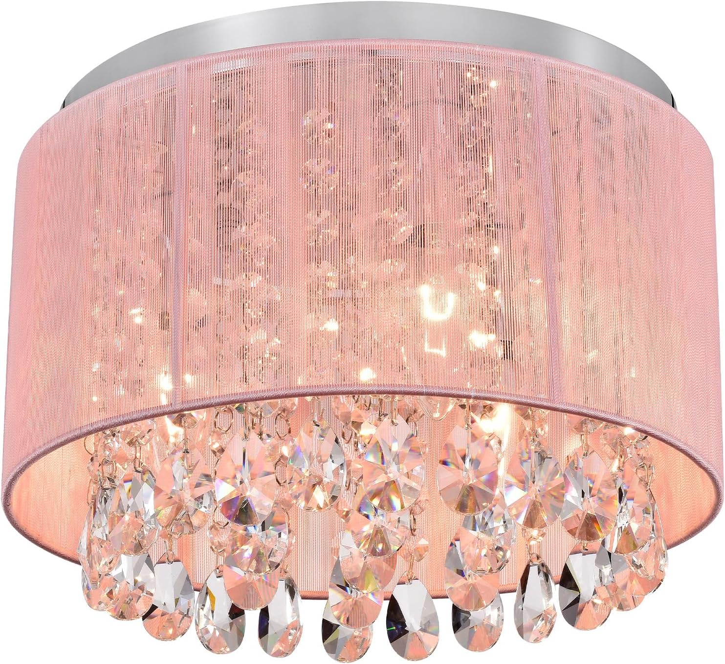 LaLuLa Pink Chandelier Drum Flush Mount Chandelier Crystal Ceiling Light Fixture 3 Light Bedroom Chandelier