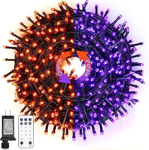 JMEXSUSS 200 luces LED de Navidad naranjas y moradas para exteriores, 66 pies conectables que cambian de color con control remoto, impermeables, 11