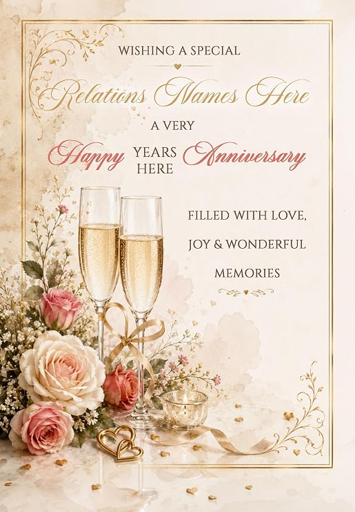 Nephew & Husband Anniversary Card - Personalise with Any Names, Relation and/or Year - Congratulations Champagne Glasses Design - LUXURY TEXTURED CARD - POSTED SAME DAY - FULL COLOUR INSIDE!