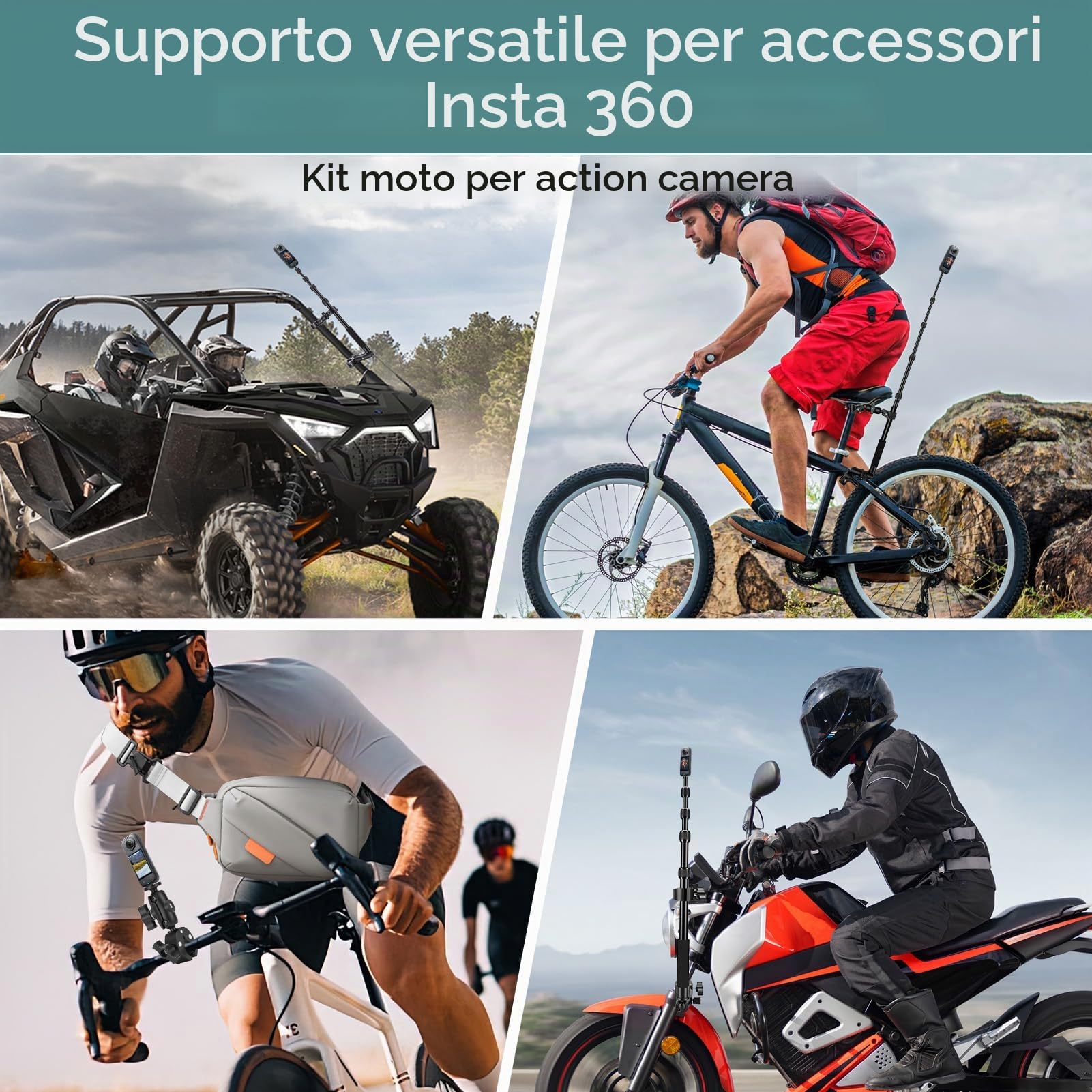 Kit di Supporto per Moto Bici, Invisibile per action camera da manubrio con selfie stick regolabile da 150 cm e doppio morsetto, montaggio per manubrio Compatibile Insta 360 X4 X5 X3
