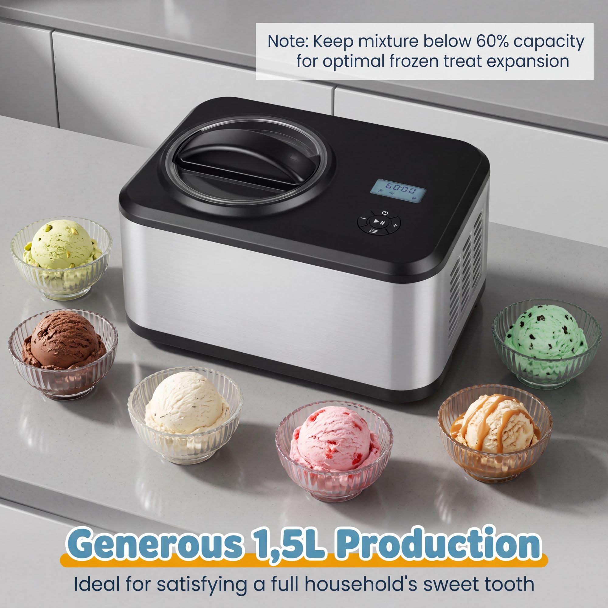LIFEZEAL Gelatiera Autorefrigerante 1,5 L con Compressore, 120W Macchina per Gelato 4 Modalità, per Frozen Yogurt e Gelato, Display LED, Timer 24H, Cestello Rimovibile e Misurino, Acciaio Inox, Nero