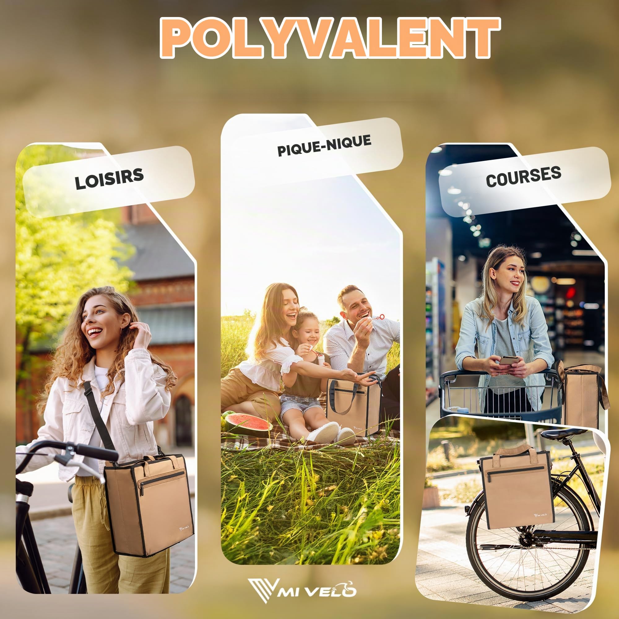MIVELO Sacoche de vélo pour porte-bagages - Sac de courses pour vélo Shopper - Sacoche de porte-bagages avec sac isotherme amovible - Sac de rangement, sac de transport et sac à bandoulière - 25 l