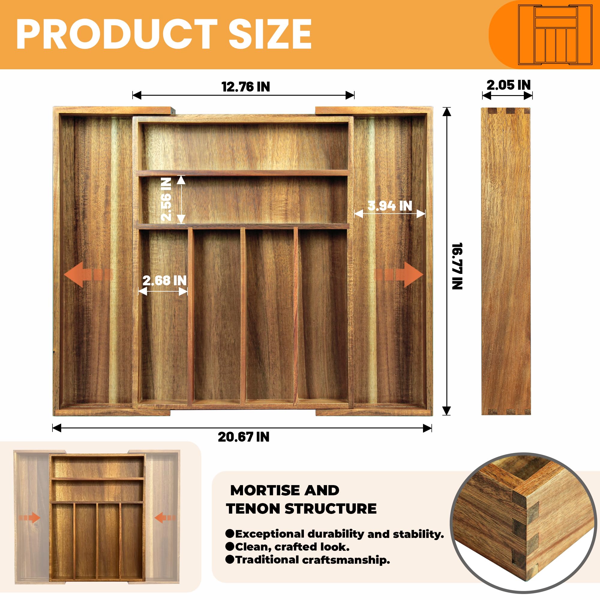KITEISCAT Organizador de cubiertos expandible de madera de acacia, organizador de cajones de utensilios de cocina para tenedores y cucharas, bandeja de cubiertos de 8 compartimentos, soporte para