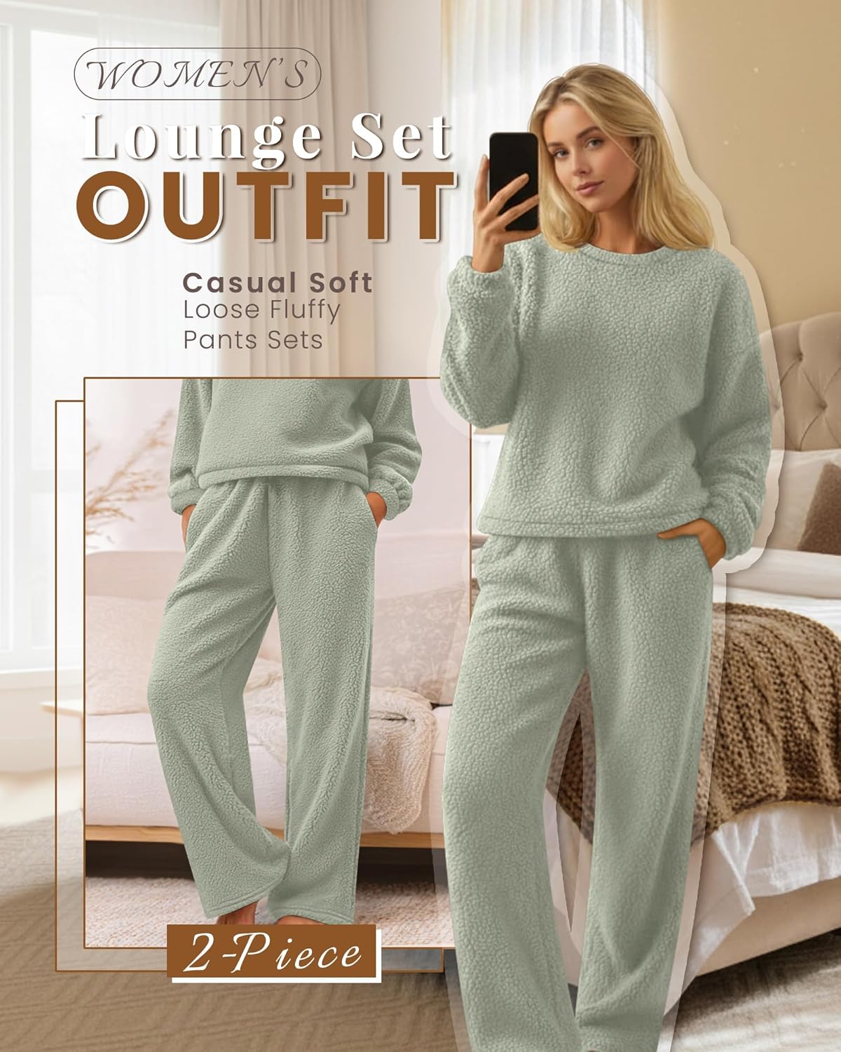 Women's Fuzzy Pajamas Sets Warm Fleece Loungewear Outfit Cozy Long Sleeve Fluffy Pullover Pant Set 2 Piece - Image 6