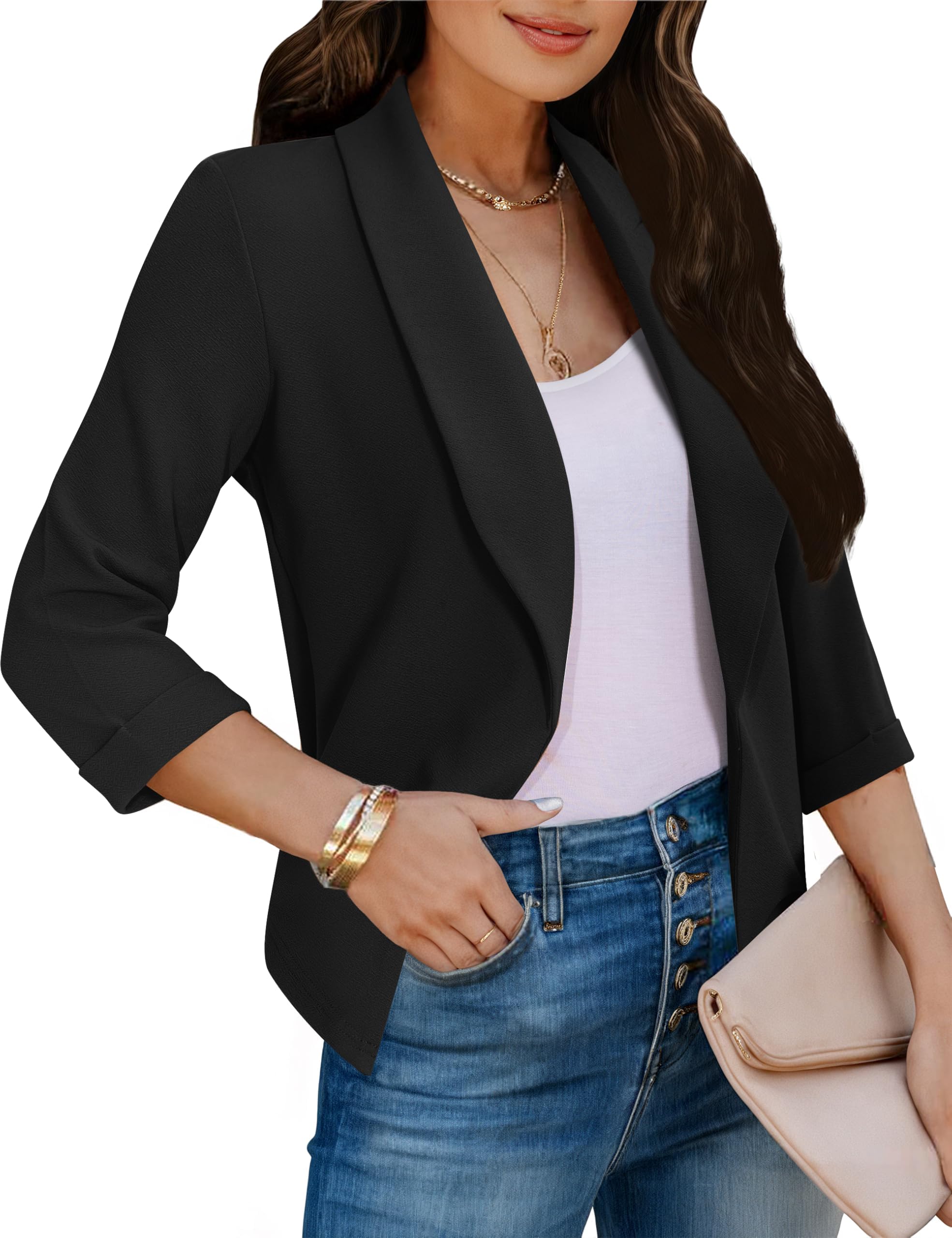 Tralilbee Womens Cropped Blazers 3 4 Sleeve Open Front Lightweight Cardigan Casual Work Office Suit Blazer Jackets S-XL
