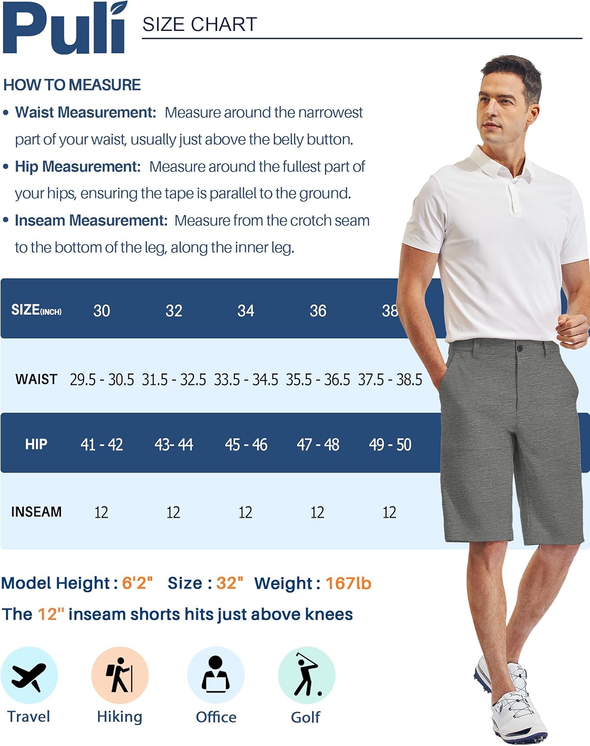PULI Mens Golf Hiking Shorts Lightweight Casual Dress 12"/10" Inseam Work Stretch Travel Hybrid Quick Drying with Pockets - Image 6