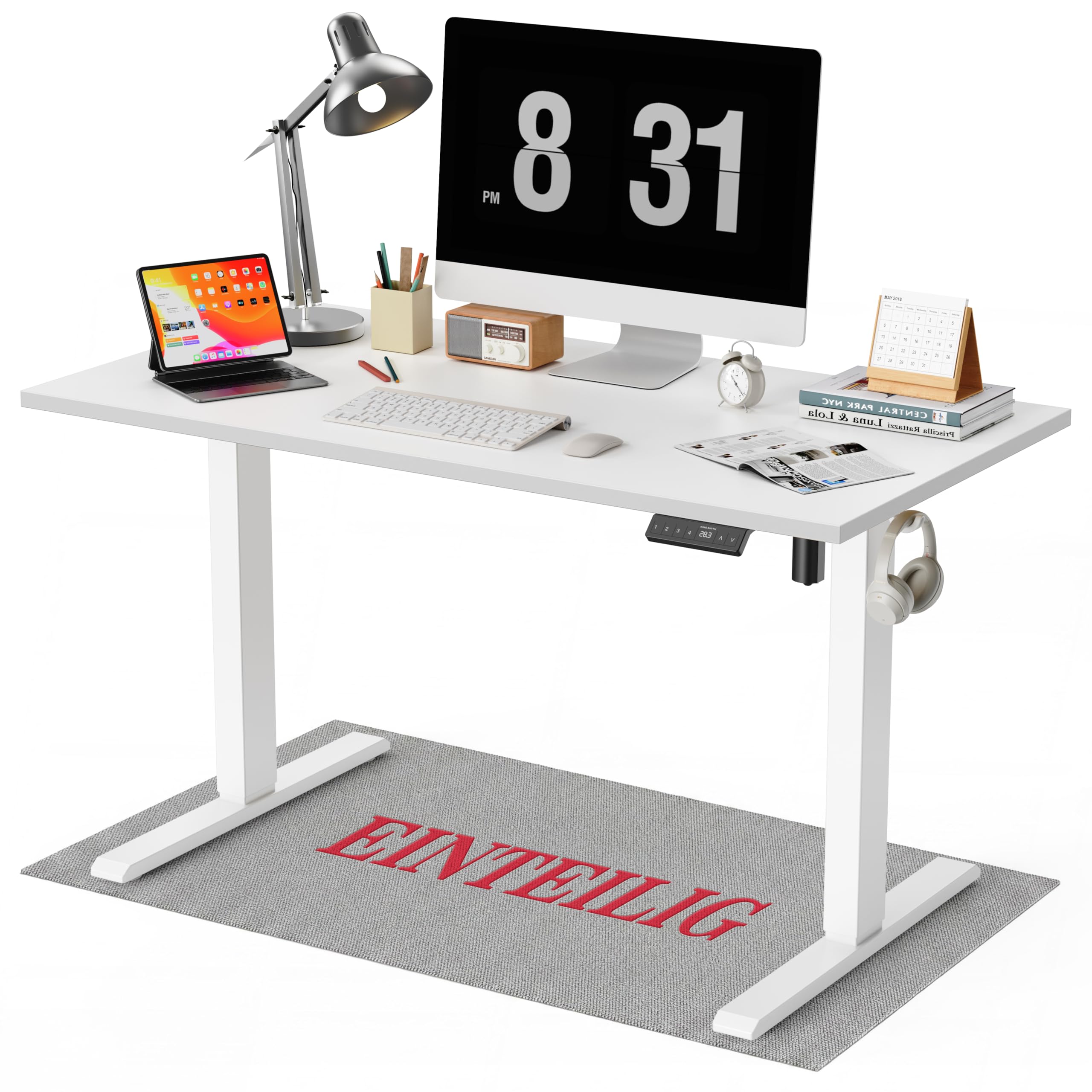 WALKINGDESK Höhenverstellbarer Schreibtisch 120 x 60 cm, Weiß | Elektrischer Stehschreibtisch mit Einteiliger Tischplatte, 4 Speicherpositionen, Computertisch 2 Haken für Homeoffice
