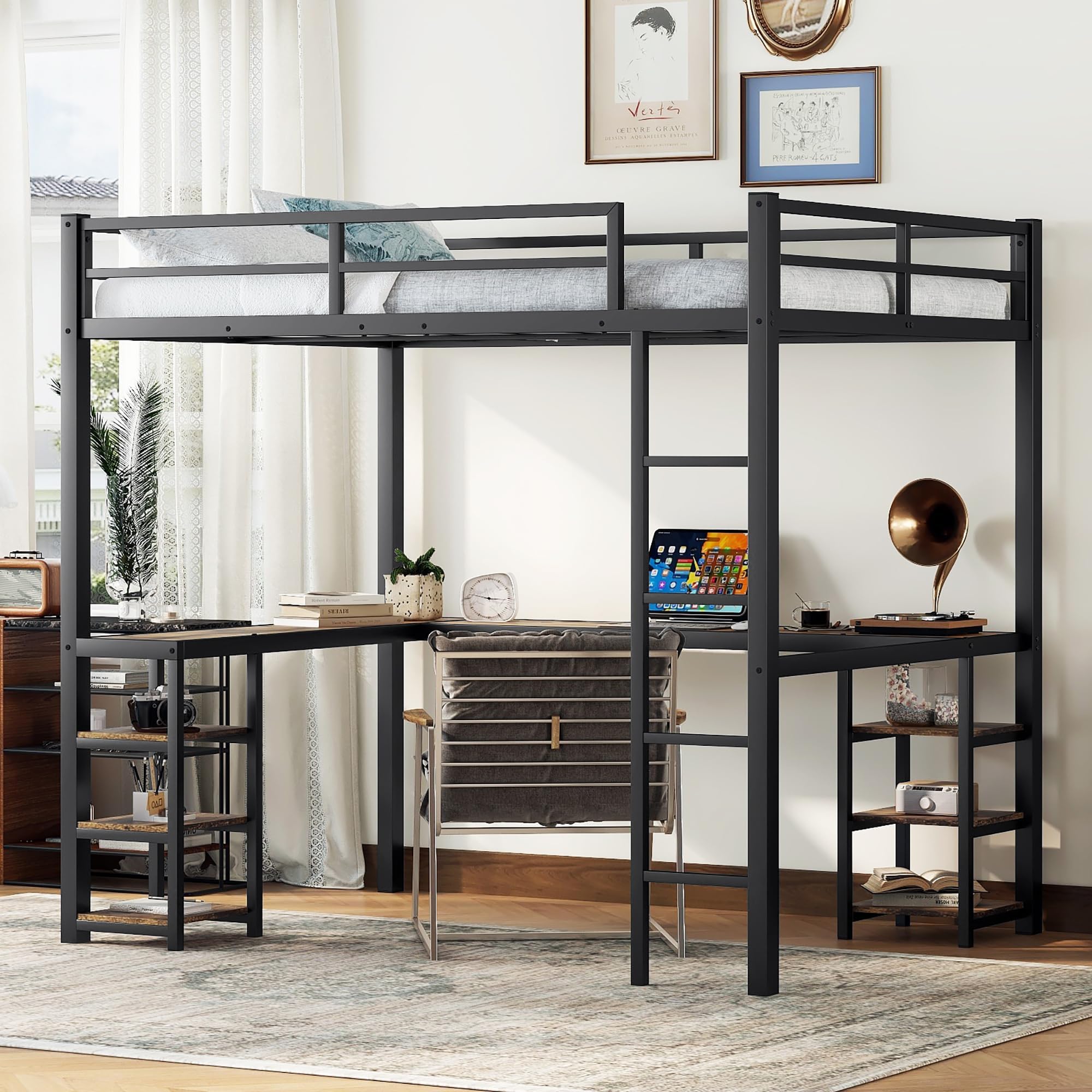 Loft Bed Full Size, Metal Loft Bed Frame with Desk and Storage Shelves, Heavy-Duty Kids Loft Beds with Ladder & L-Shape Desk for Boys Girls Teens, Black