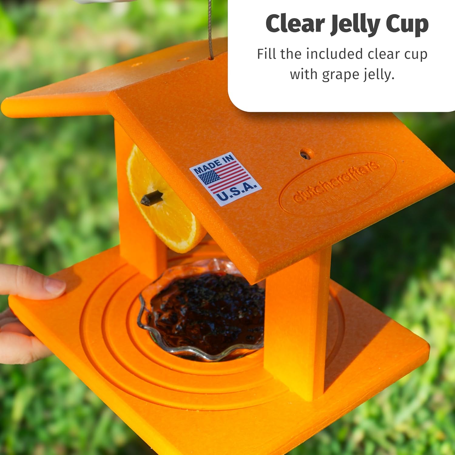 DutchCrafters Plastic Poly Hanging Orange Oriole Bird Feeder with Grape Jelly Cup and Fruit Slice Holders, Baltimore Oriole Feeder for Outdoor Outside (Orange, Single Cup)