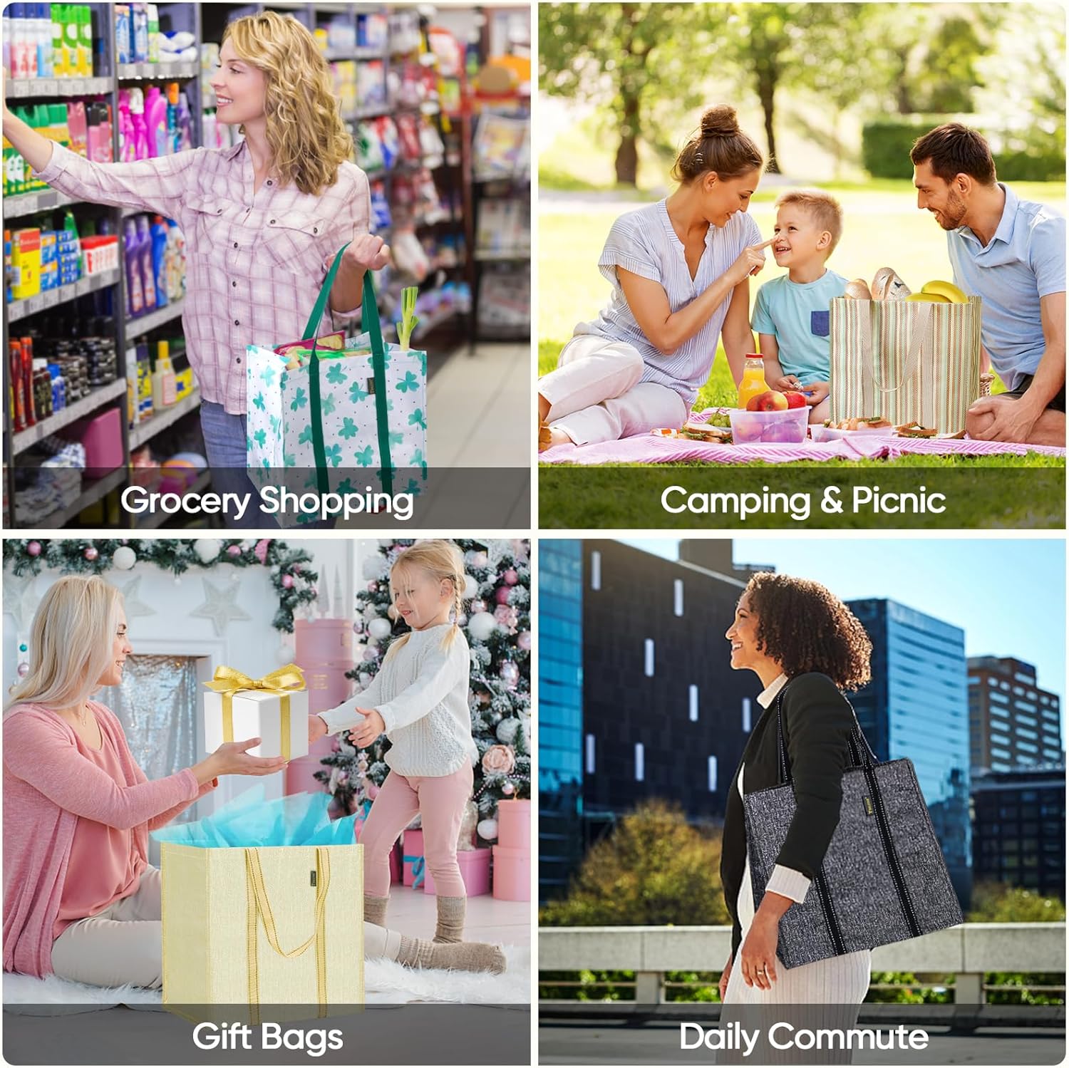 BALEINE 4 PK Grocery Bags Reusable Shopping Bags with Reinforced Bottom, Heavy Duty Foldable Tote Bags (Beige) - Image 7