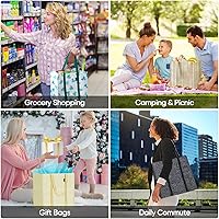 Vista 7 de BALEINE Paquete de 4 bolsas de comestibles reutilizables con parte inferior reforzada, bolsas plegables resistentes (beige)