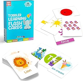 Shosin Large Learning Flash Cards for Toddlers 2-4 Years - Alphabet Flash Cards & Toddler Flash Cards for Preschool Learning Activities - 58 Double Sided Picture Cards