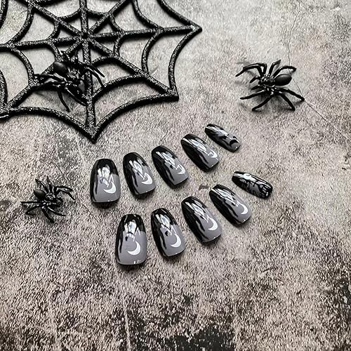 Miniatura 2 de 24 piezas de uñas postizas medianas a presión púrpura ataúd uñas postizas con patrón de murciélagos y luna llena, uñas acrílicas brillantes de