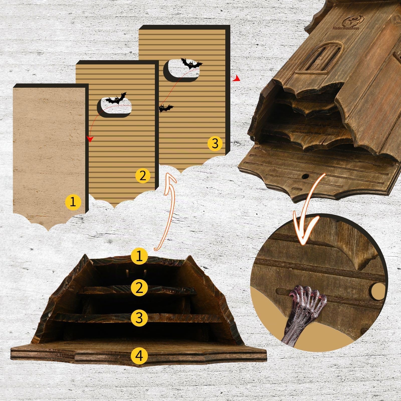 Burg Fledermaushaus aus Holz für den Außenbereich – Große Box mit drei Kammern
