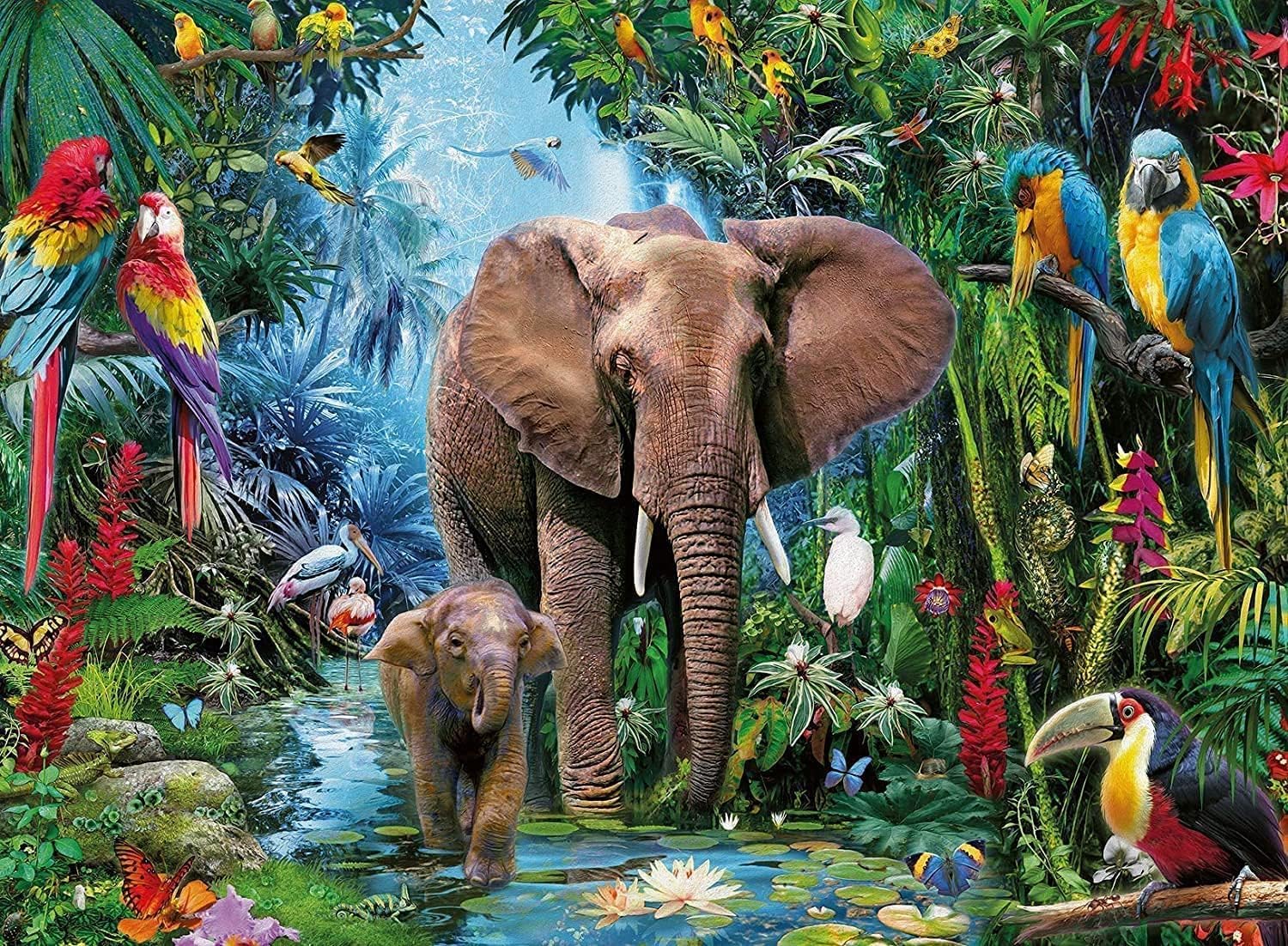 Jigsaw Puzzles for Adults 1000 Piece Elephant Parrot in The Rainforest 27.56 x 19.69 Inch Animals Puzzles for Adults Educational Challenge 1000 Pieces Elephant Puzzles for Adults
