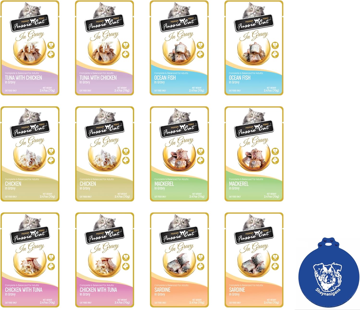Felicia's Fabulous Finds Wet Food in Gravy 6-Flavor Variety Bundle: 2 Ocean Fish, 2 Tuna/Chicken, 2 Mackerel, 2 Sardine, 2 Chicken & 2 Chick'n/Tuna (12 Pouches Total, 2.47 Oz Each) + Silicone Lid
