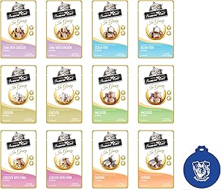 Fussie Cat Wet Food in Gravy 6-Flavor Variety Bundle: 2 Ocean Fish, 2 Tuna/Chicken, 2 Mackerel, 2 Sardine, & 2 Chicken & 2 Chicken/Tuna (12 Pouches Total, 2.47 Oz Each) Plus Shaynanigans Silicone Lid