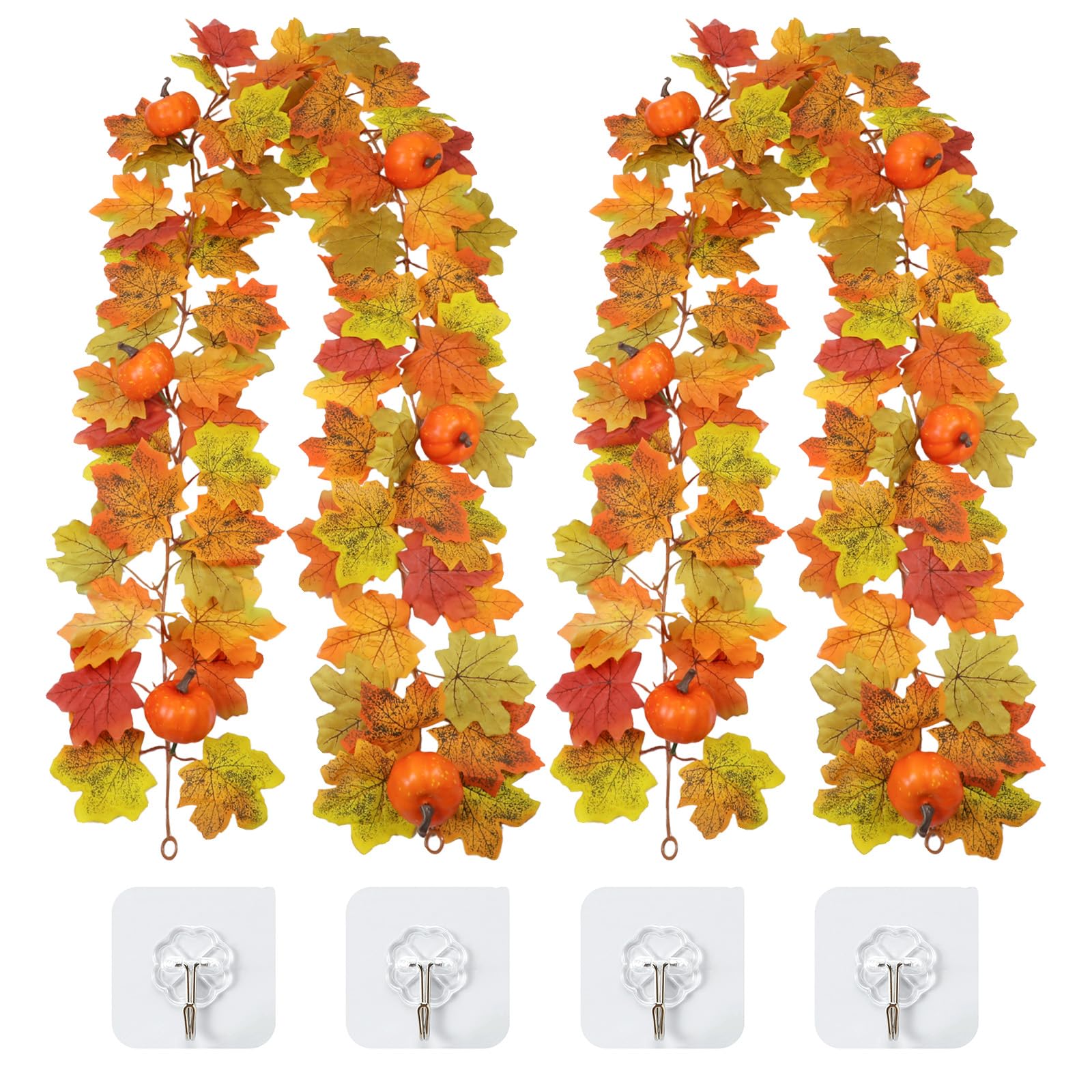 Inreeme 2 Pack Autumn Leaves Pumpkin Garland, 5.74ft Halloween Fall Garland