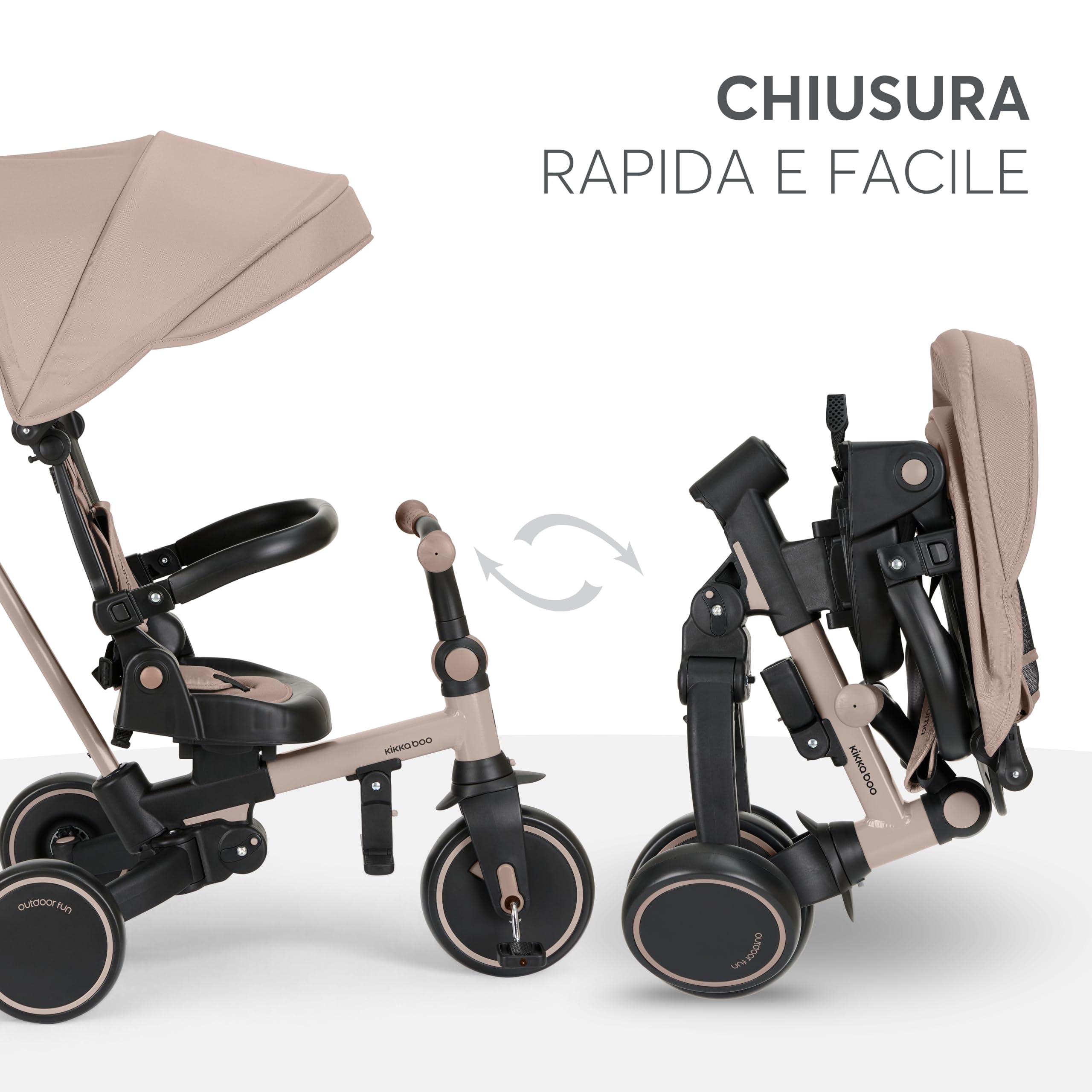 KikkaBoo Triciclo Evolutivo 8 in 1 ALUMA, da 12 Mesi a 5 Anni, Triciclo Passeggino Pieghevole con Maniglione per Genitori, Beige