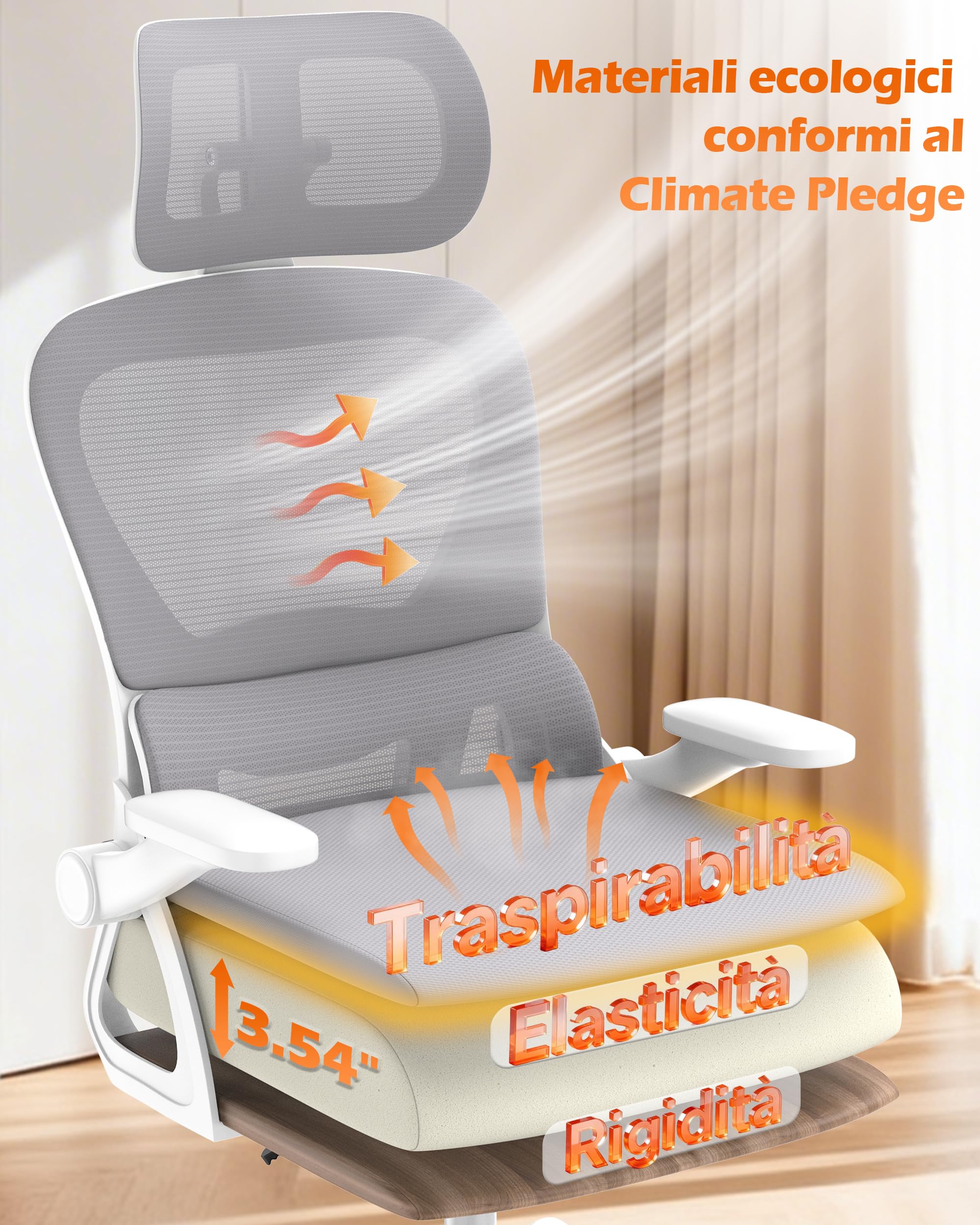 naspaluro Sedia da Ufficio Ergonomica, Sedia da Scrivania Ergonomica, Sedia Girevole per Ufficio, Schienale in Rete, 136 kg, Supporto Lombare Regolabile, Ruote Silenziose per Casa e Lavoro