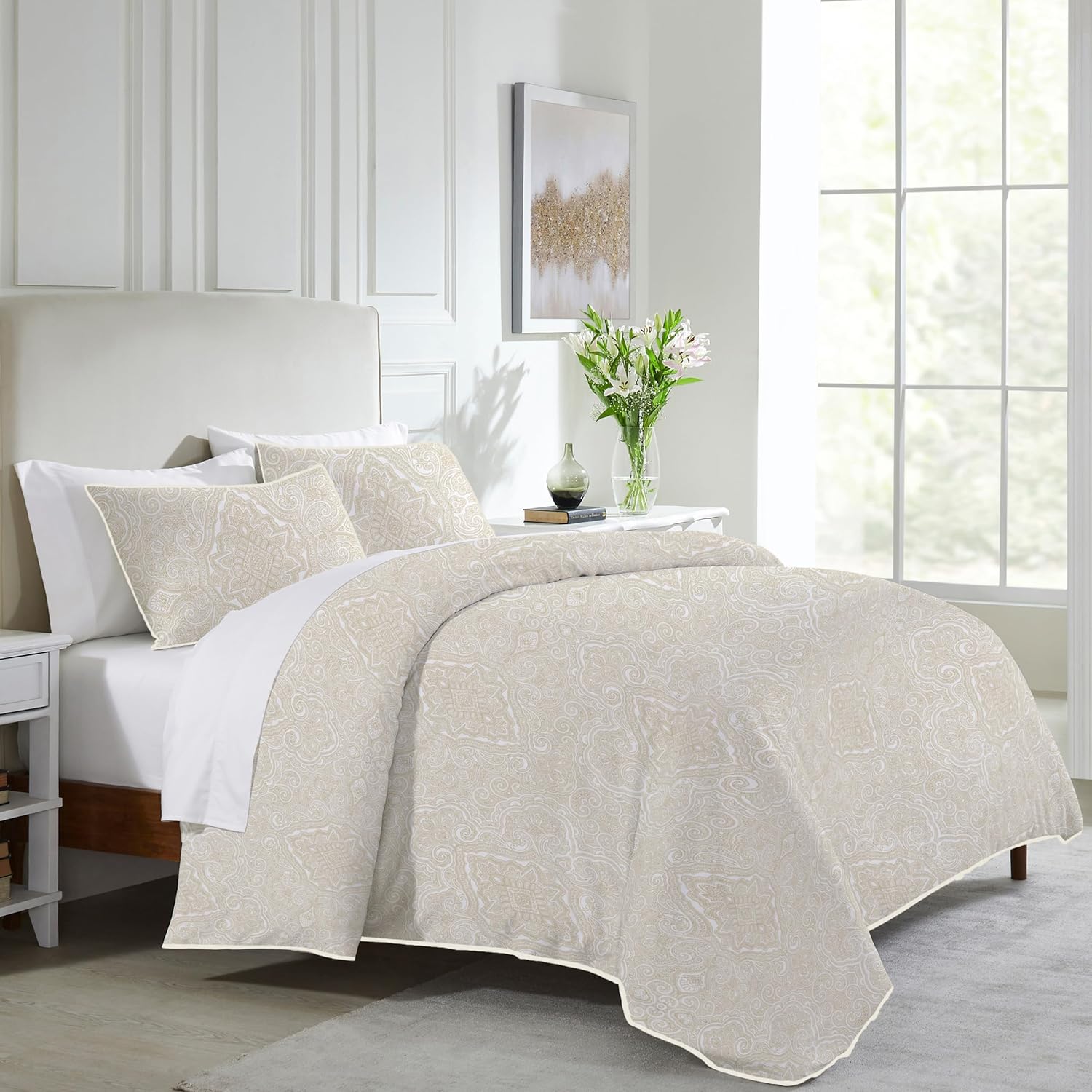 California Design Den Full/Queen Size Duvet Cover Set, 400 Thread Count 100% Cotton, Sateen Comforter Cover & 2 Pillow Shams Bedding Queen Size Set, Button Closure, Corner Ties (Paisley Beige) Full/Queen (92" x 90") 37 - Paisley Beige Print (No Comforter) - Image 1 of 6