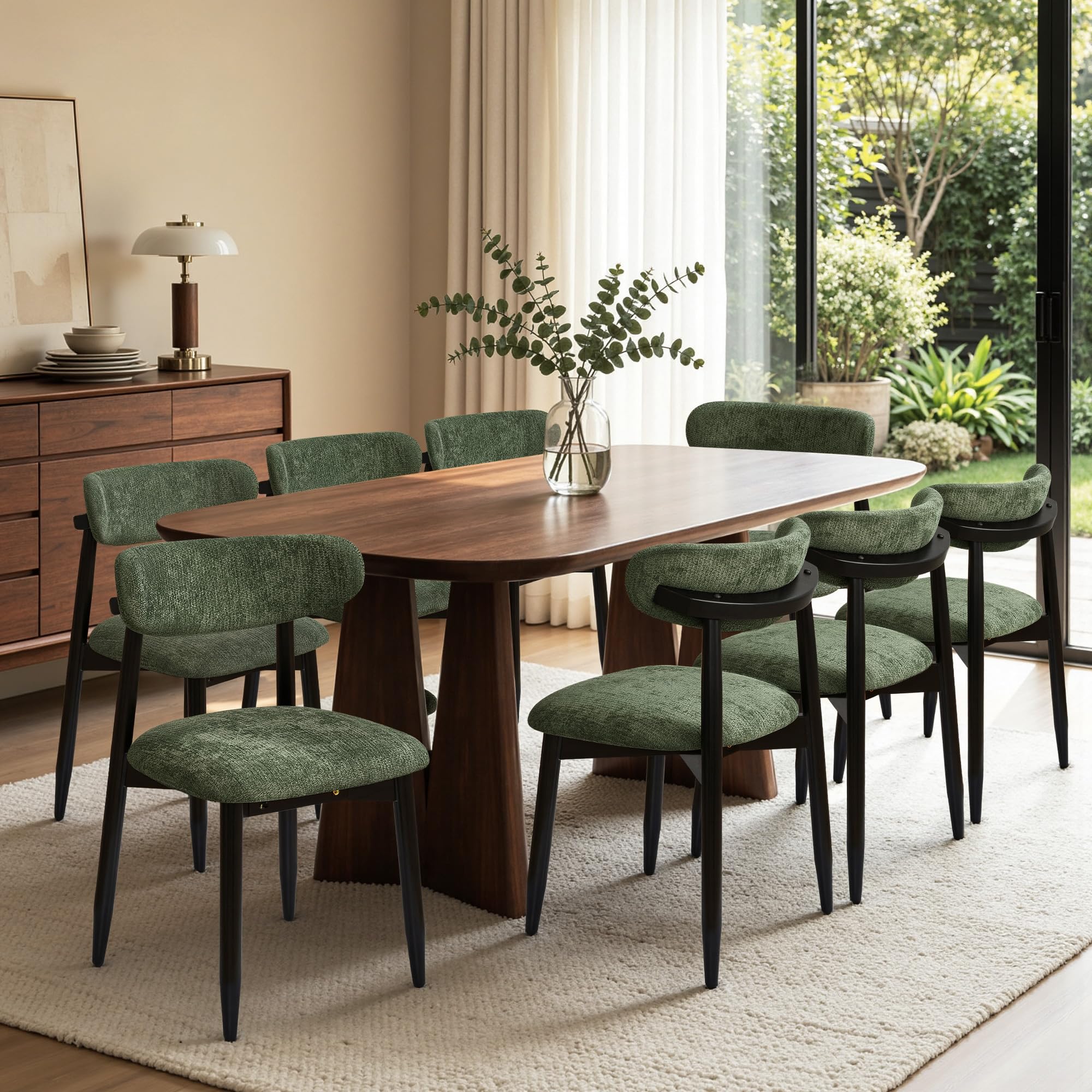 CHUN YI Dining Chairs Set of 8, Upholstered Wooden Dining Room Chairs, Mid Century Modern Fabric Kitchen Chairs with Ergonomic Curved Back, Green (Only Chairs)
