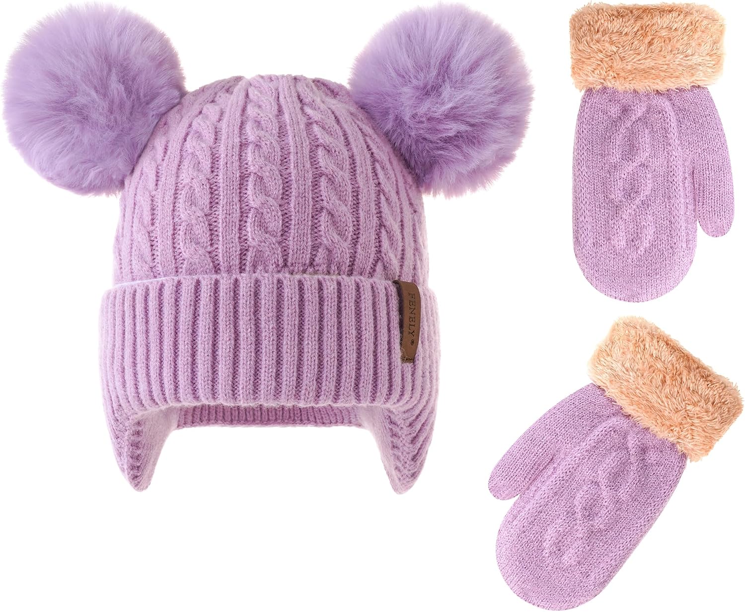 FENELY 2Pcs Kids Winter Hat Gloves Set for Ages 2-6-10 Boys Girls, Knit Thick Warm Fleece Lined Thermal Sets