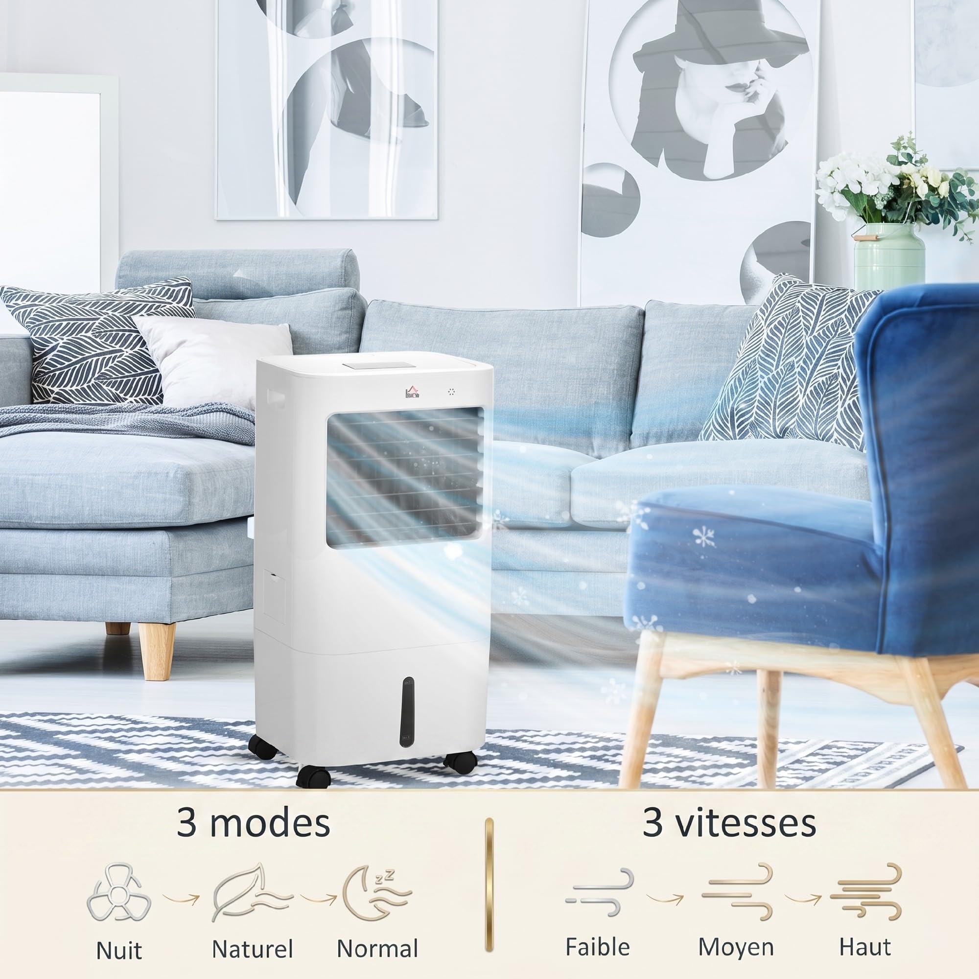 HOMCOM Refroidisseur d'air portable 65 W 3 en 1 avec ventilateur par évaporation, réservoir d'eau 15 L, oscillation, télécommande, 3 modes, minuterie 8H, refroidit 20 m², blanc