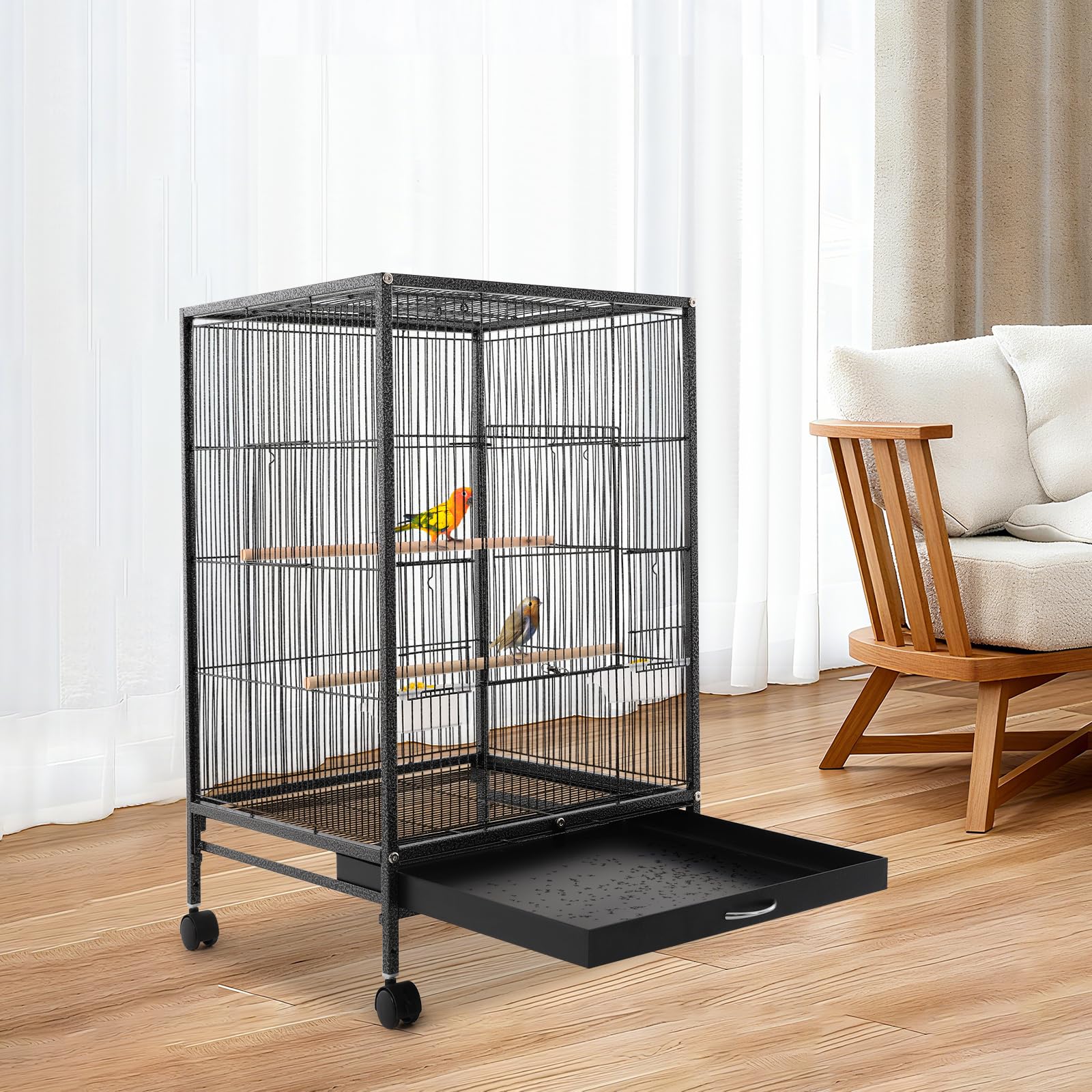 Klatka dla ptaków z 4 rolkami, wysuwana miska dna 46 × 46 × 94 cm (czarna)