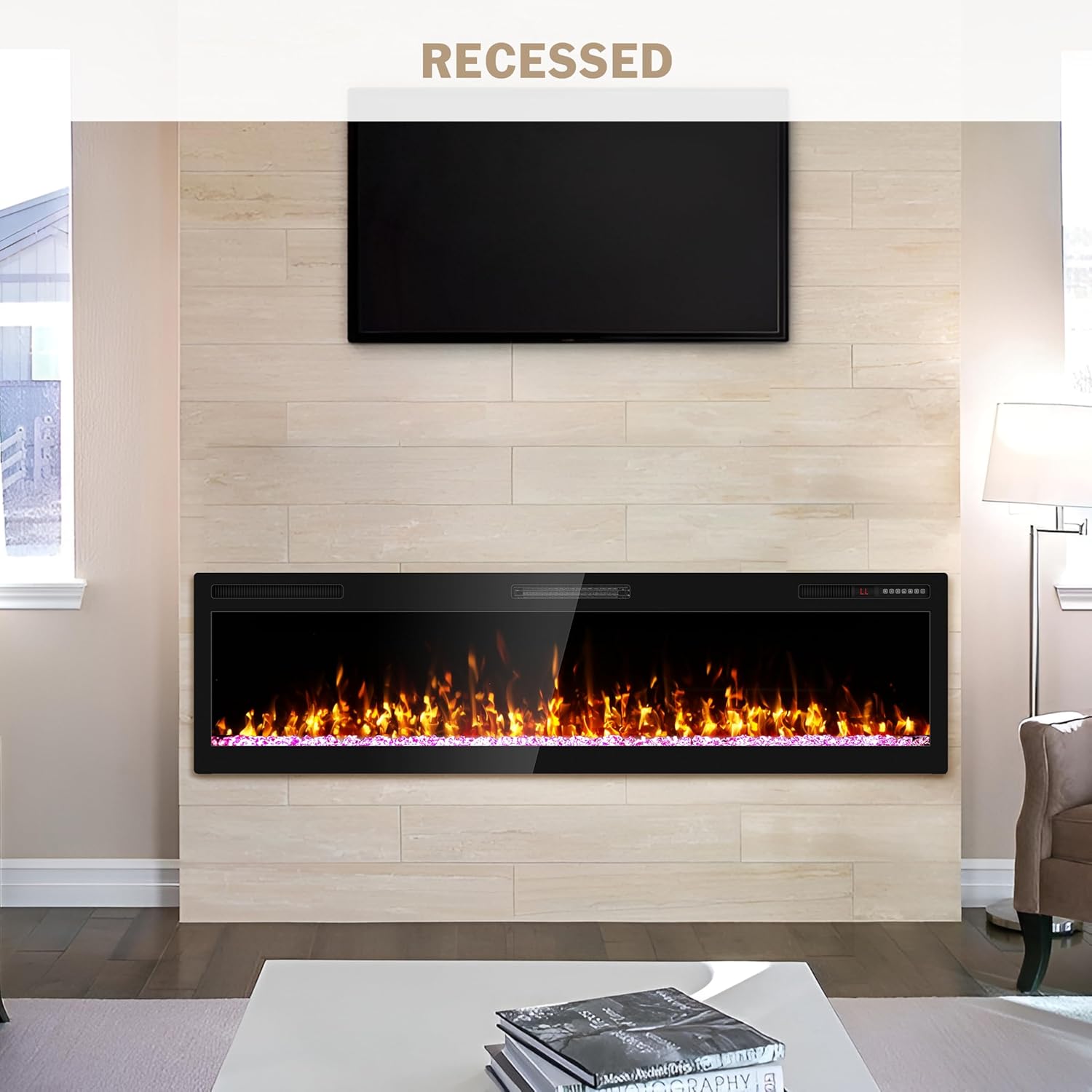 Ludatido 68 Inch Electric Fireplace Wall Mounted and Recessed with Remote Control, Color Adjustable/Realistic Flame W/Timer 1500/750W 400 sq.ft Heating Output Fireplace Heater