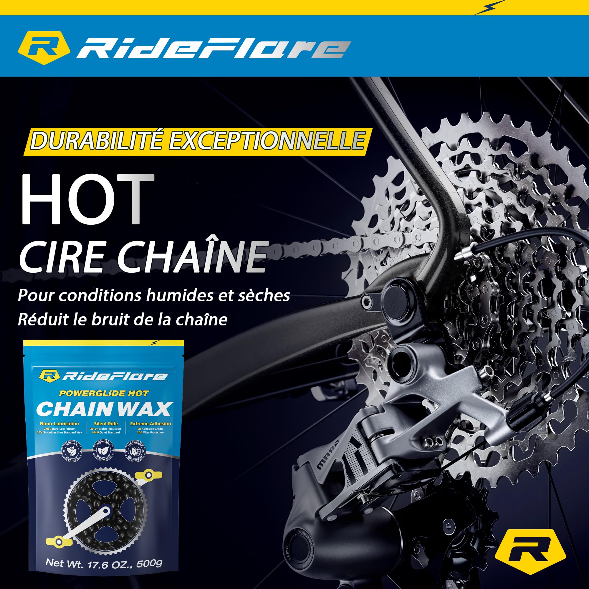 RideFlare Premium Cire pour chaîne 500g – Lubrifiant à chaud pour chaîne de vélo avec formule ultra-faible friction – Cire pour vélo durable et écologique pour une protection supérieure du groupe