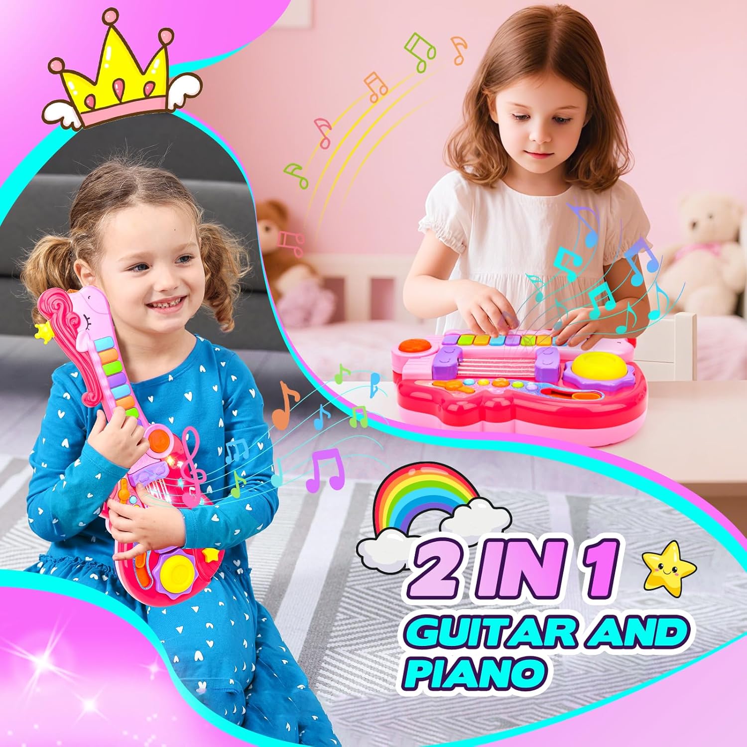 Kids Guitar Toy for 3 Year Old Girl Gift 2-in-1 Electric Guitars with Piano Mode for Toddlers Light Up Music Toys for 3 4 5 Year Old Girls Boys Gifts
