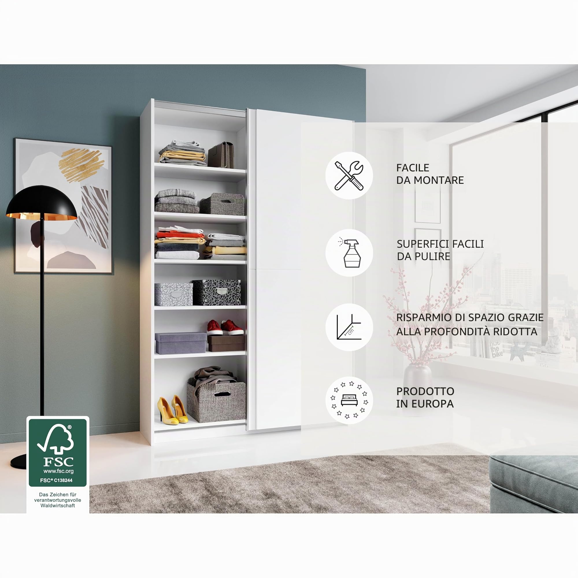 Stella Trading FAST, Armadio guardaroba elegante, molto capiente, versatile con ante scorrevoli in bianco, 125 x 195 x 38 cm, L x A x P