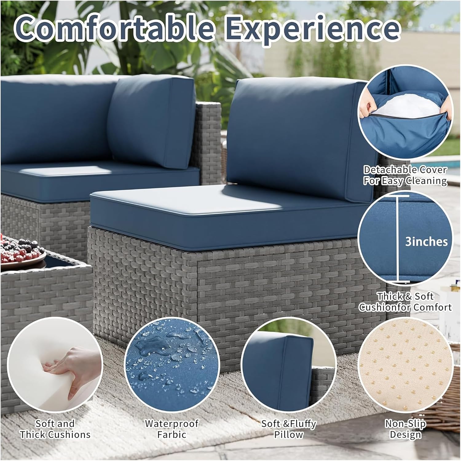 Close-up of the SUNLEI patio furniture cushions, showing features like detachable covers, thick sponge, waterproof fabric, and non-slip design.