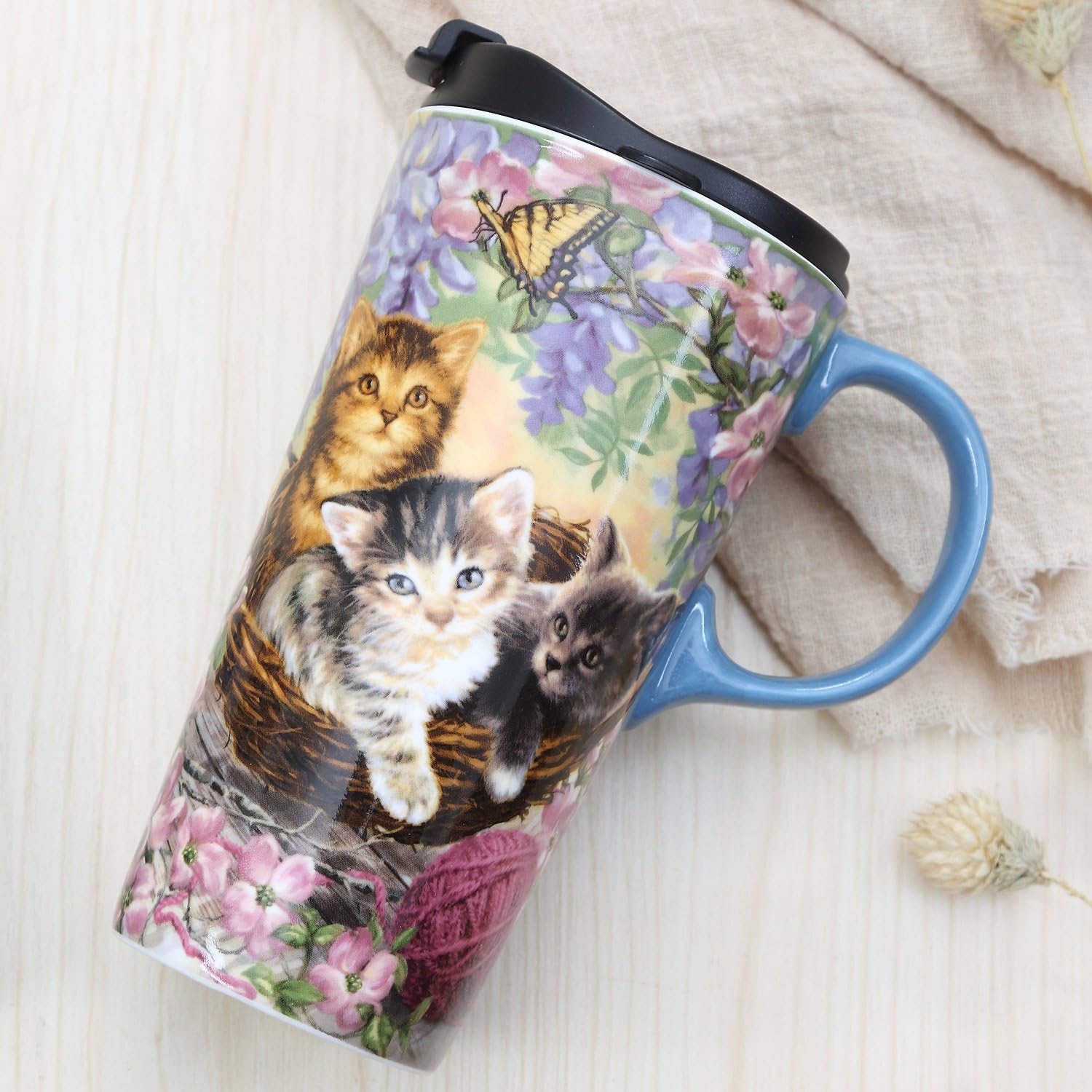 CEDAR HOME Travel Coffee Ceramic Mug Porcelain Latte Tea Cup With Lid 17oz. Flower and Cat - Image 6